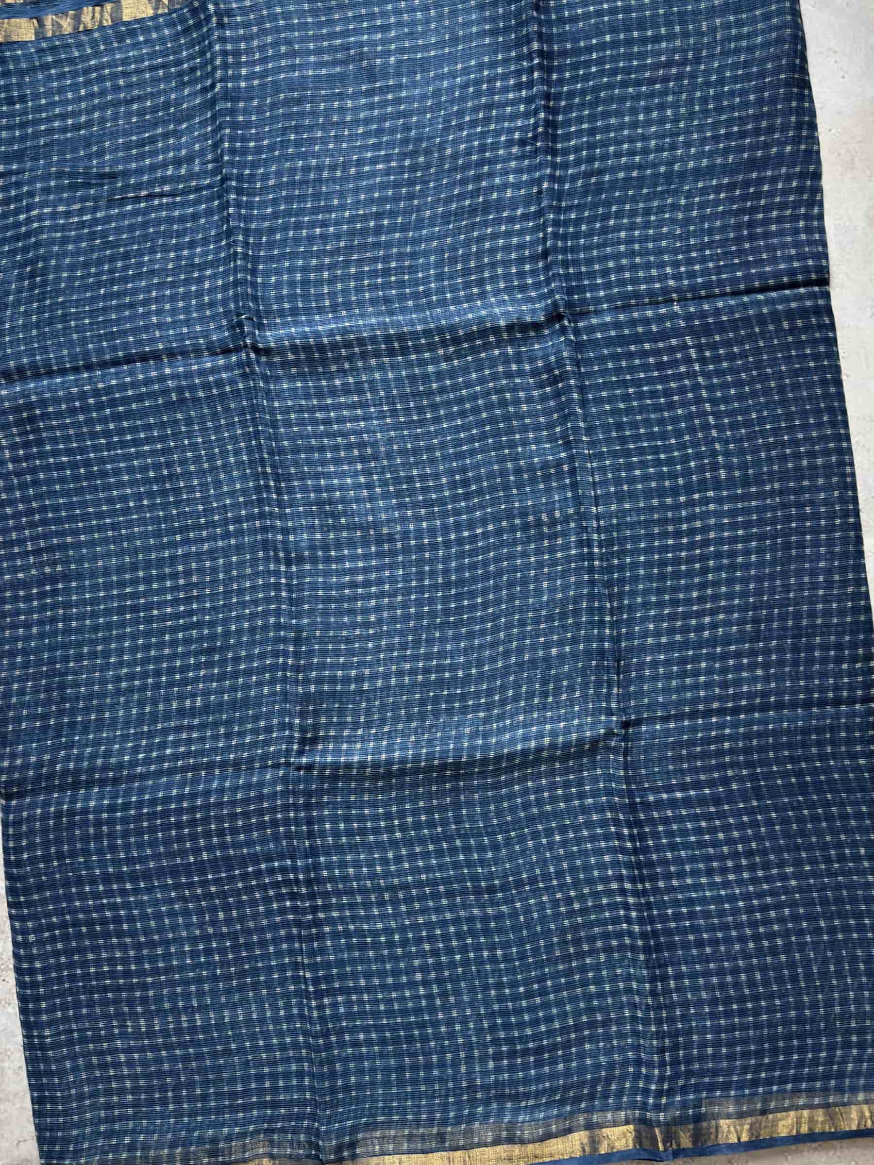 Kota Doria Hand Block Print Saree in Indigo Blue