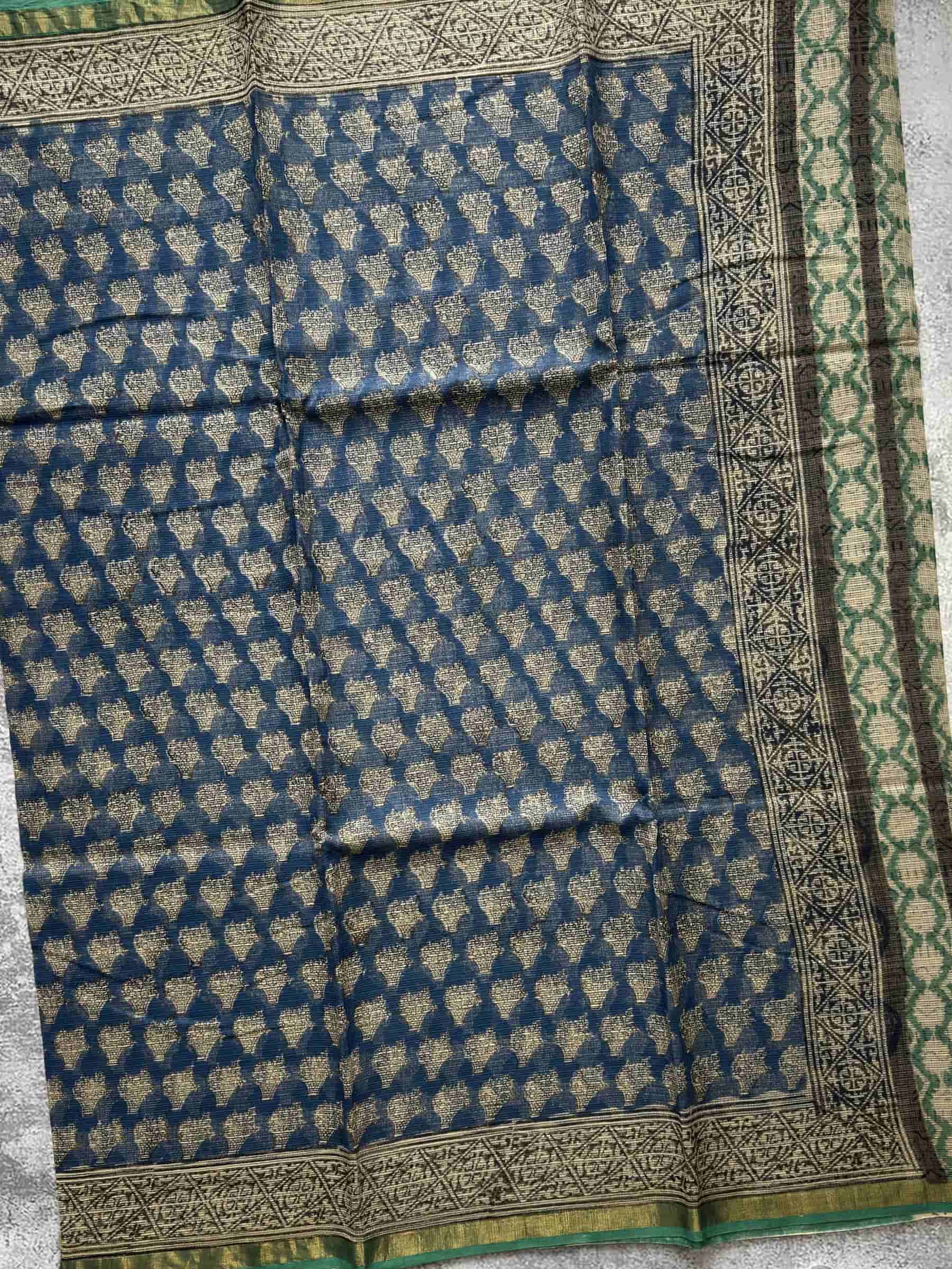 Kota Doria Hand Block Print Saree in Indigo Blue & Green