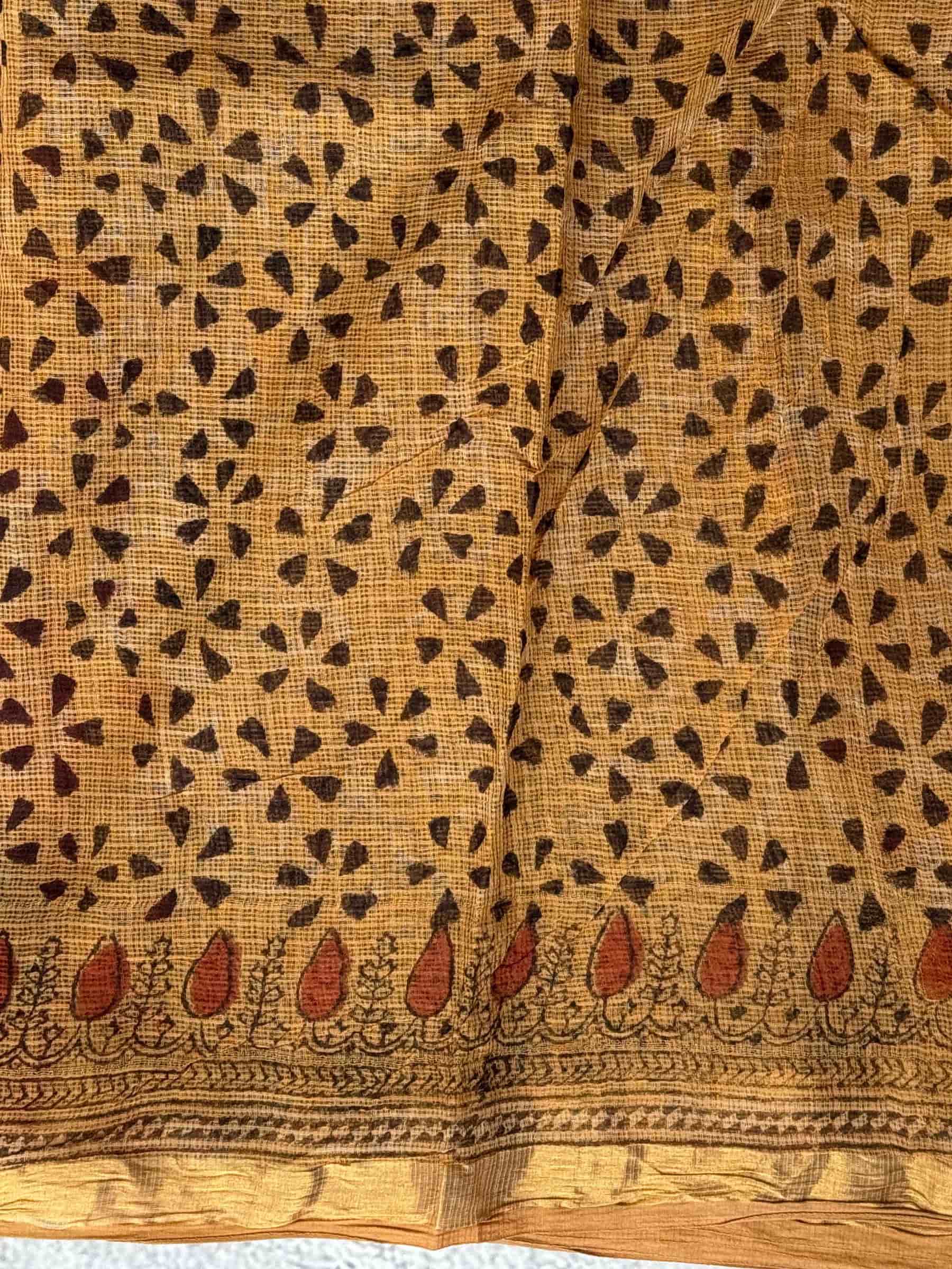 Hand Block Printed Jahota Kota Doria Saree in Mustard Beige