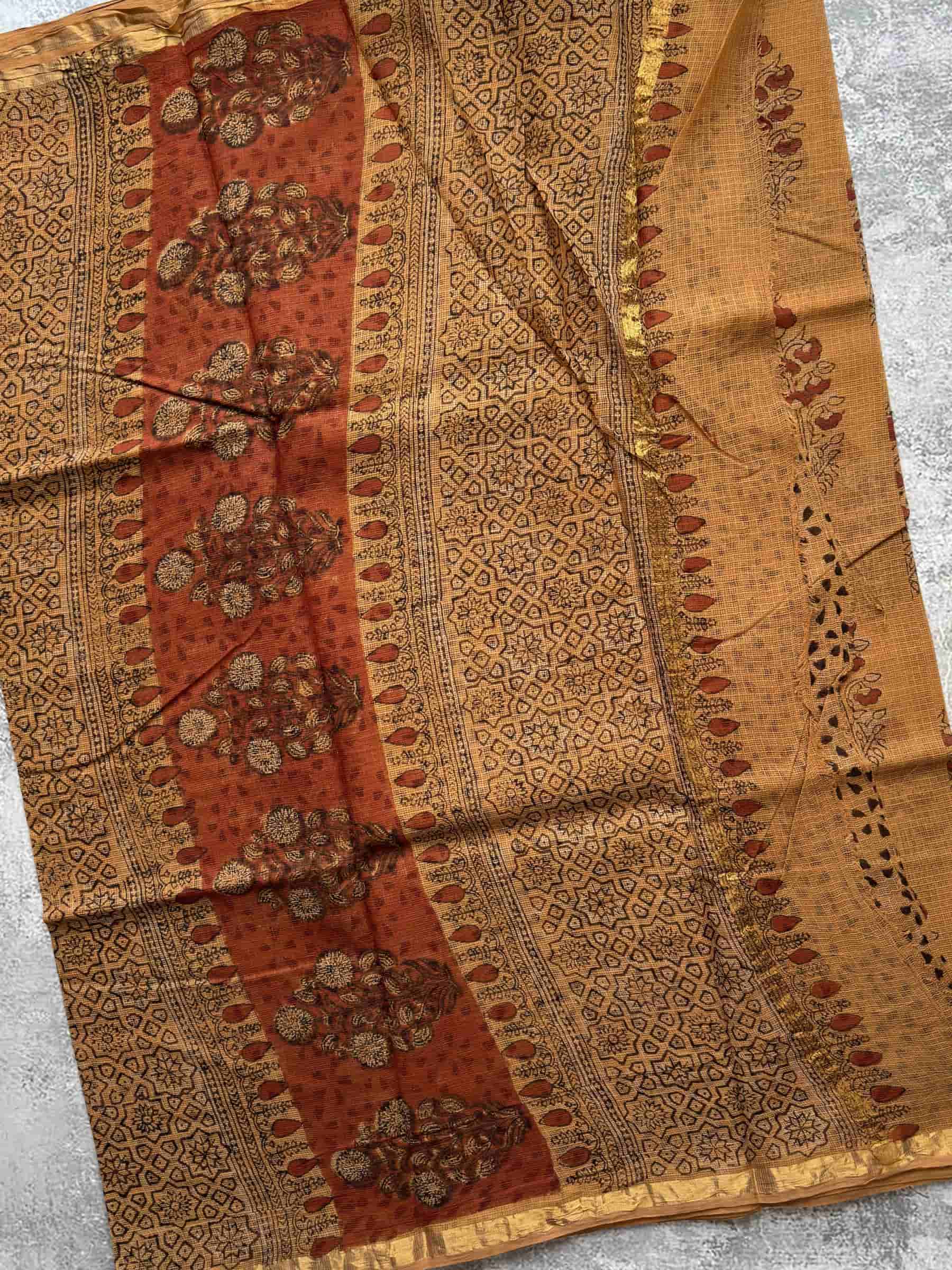Hand Block Printed Jahota Kota Doria Saree in Mustard Beige