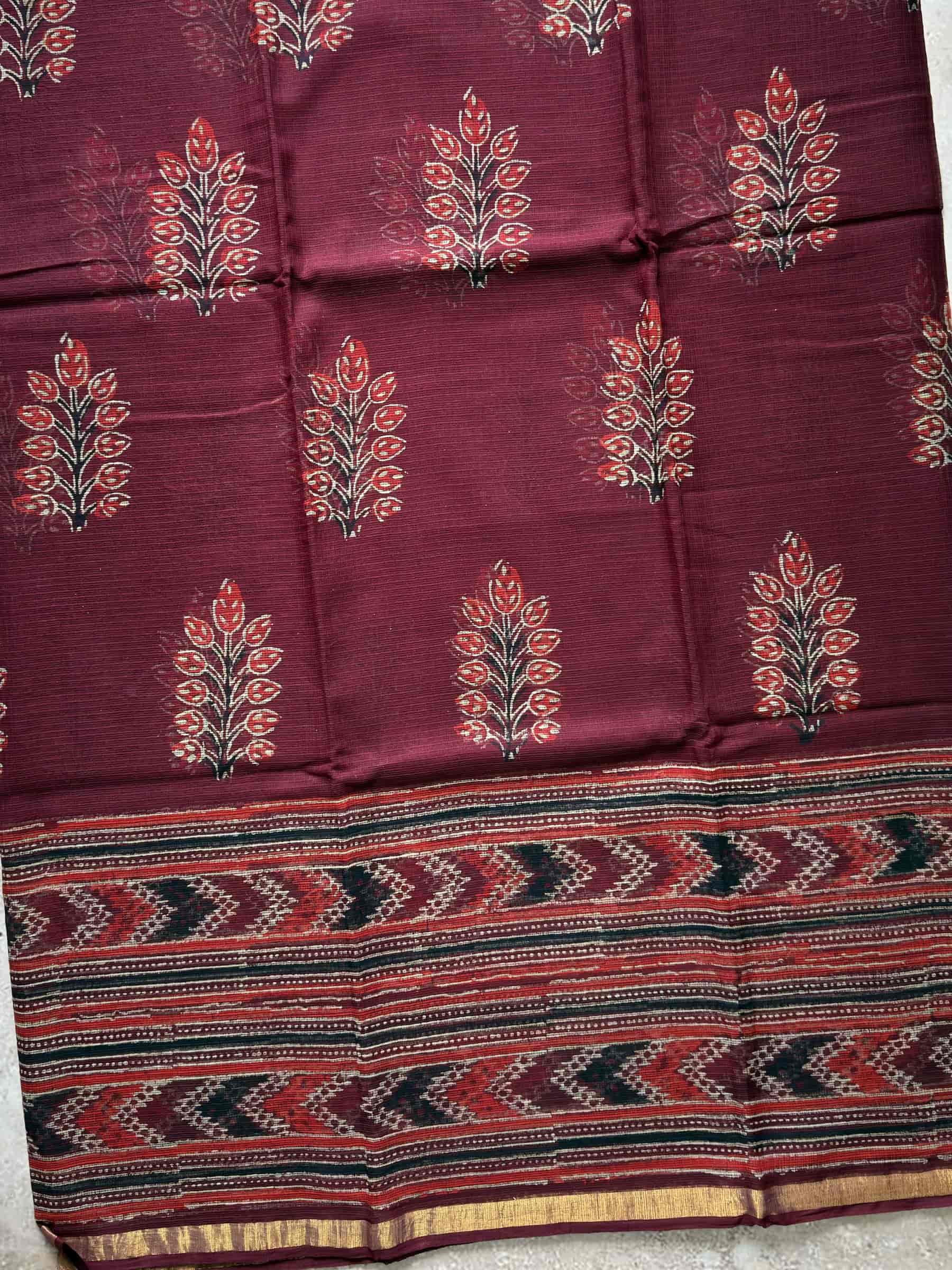 Kota Doria Hand Block Print Saree in Maroon
