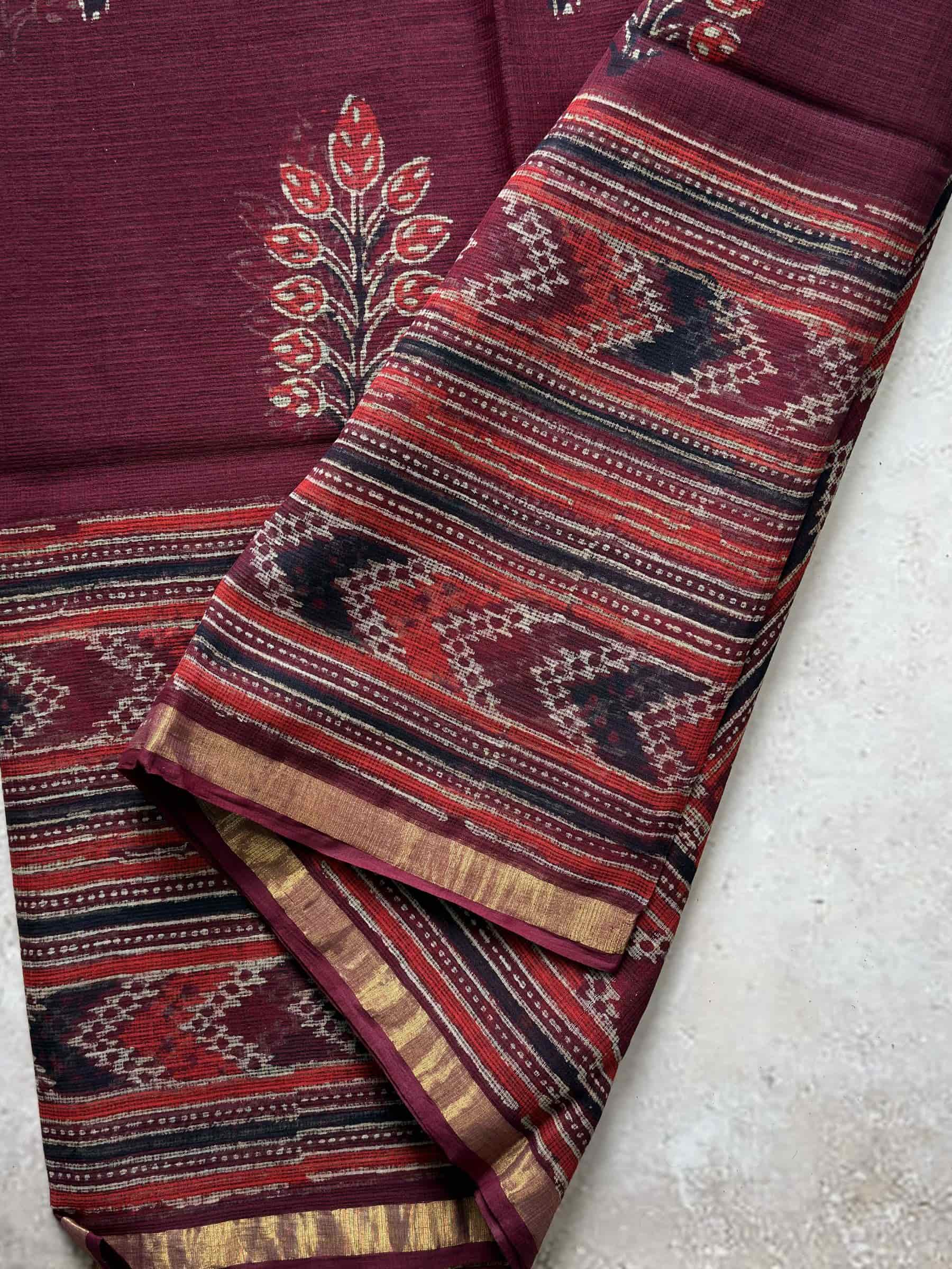 Kota Doria Hand Block Print Saree in Maroon