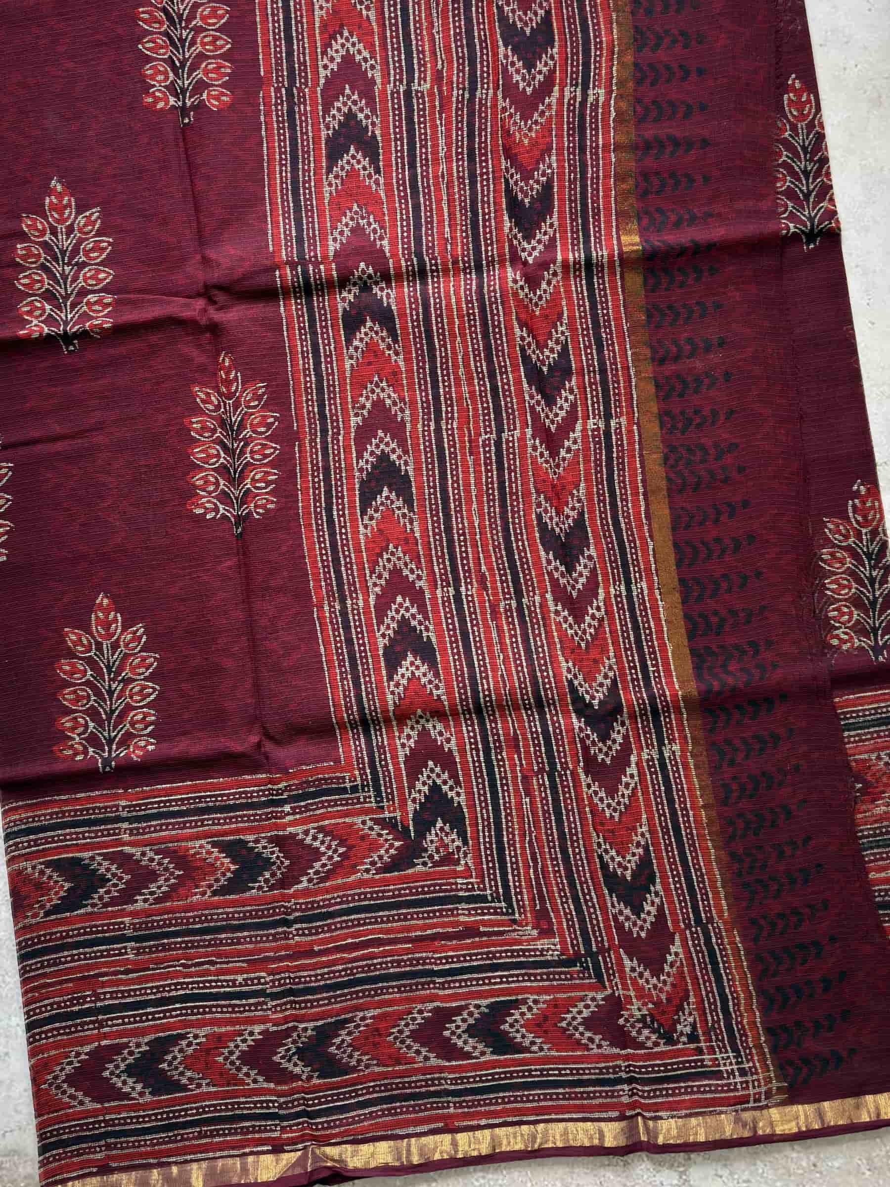 Kota Doria Hand Block Print Saree in Maroon