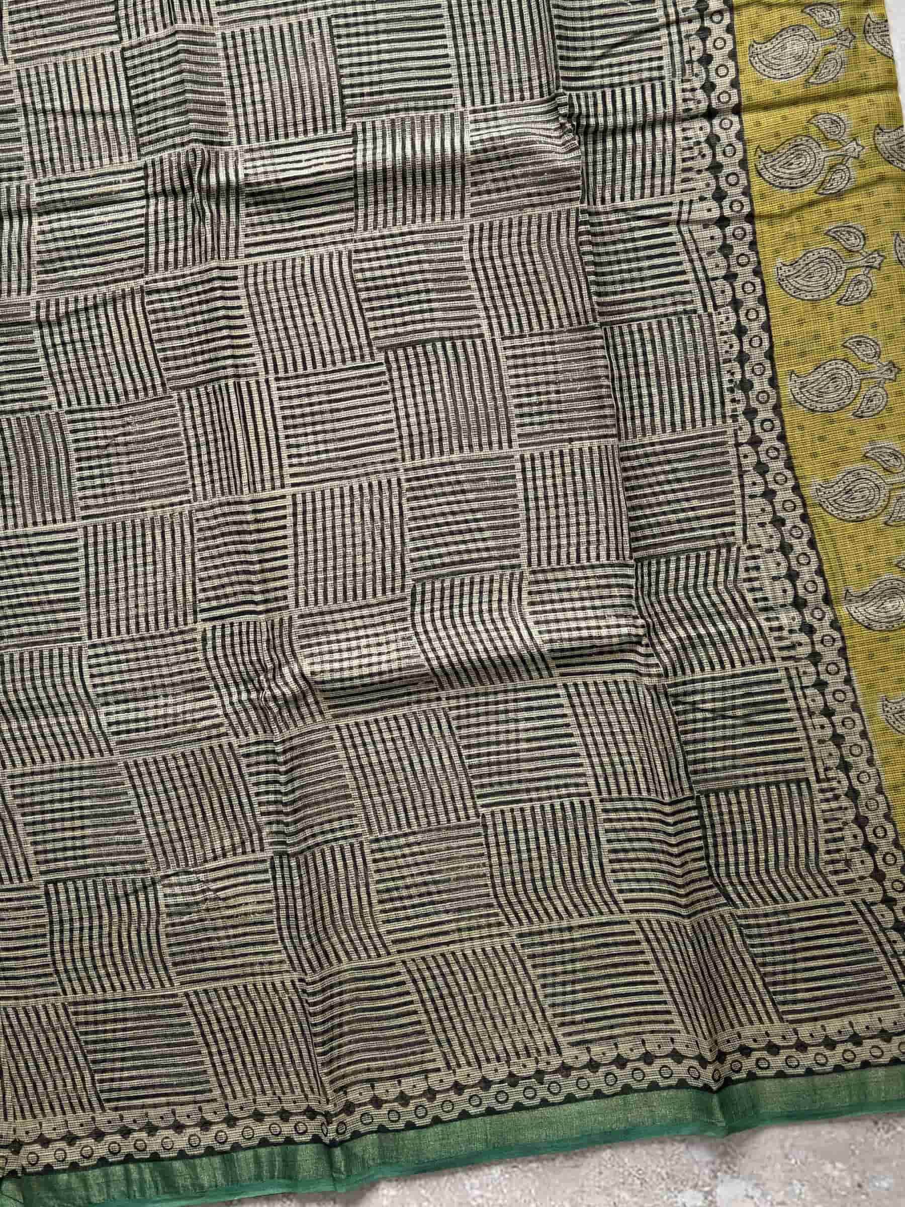 Kota Doria Hand Block Print Saree in Beige & Mustard