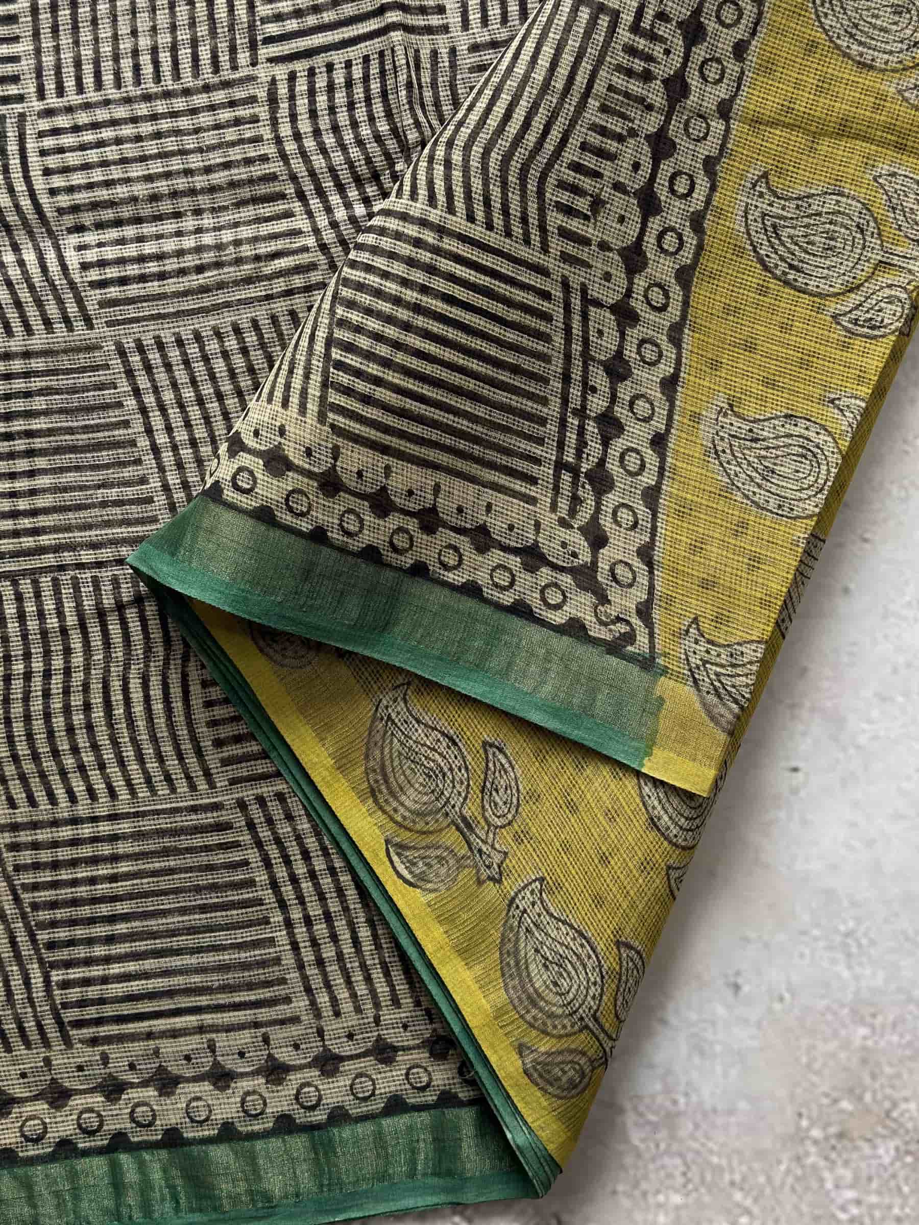 Kota Doria Hand Block Print Saree in Beige & Mustard