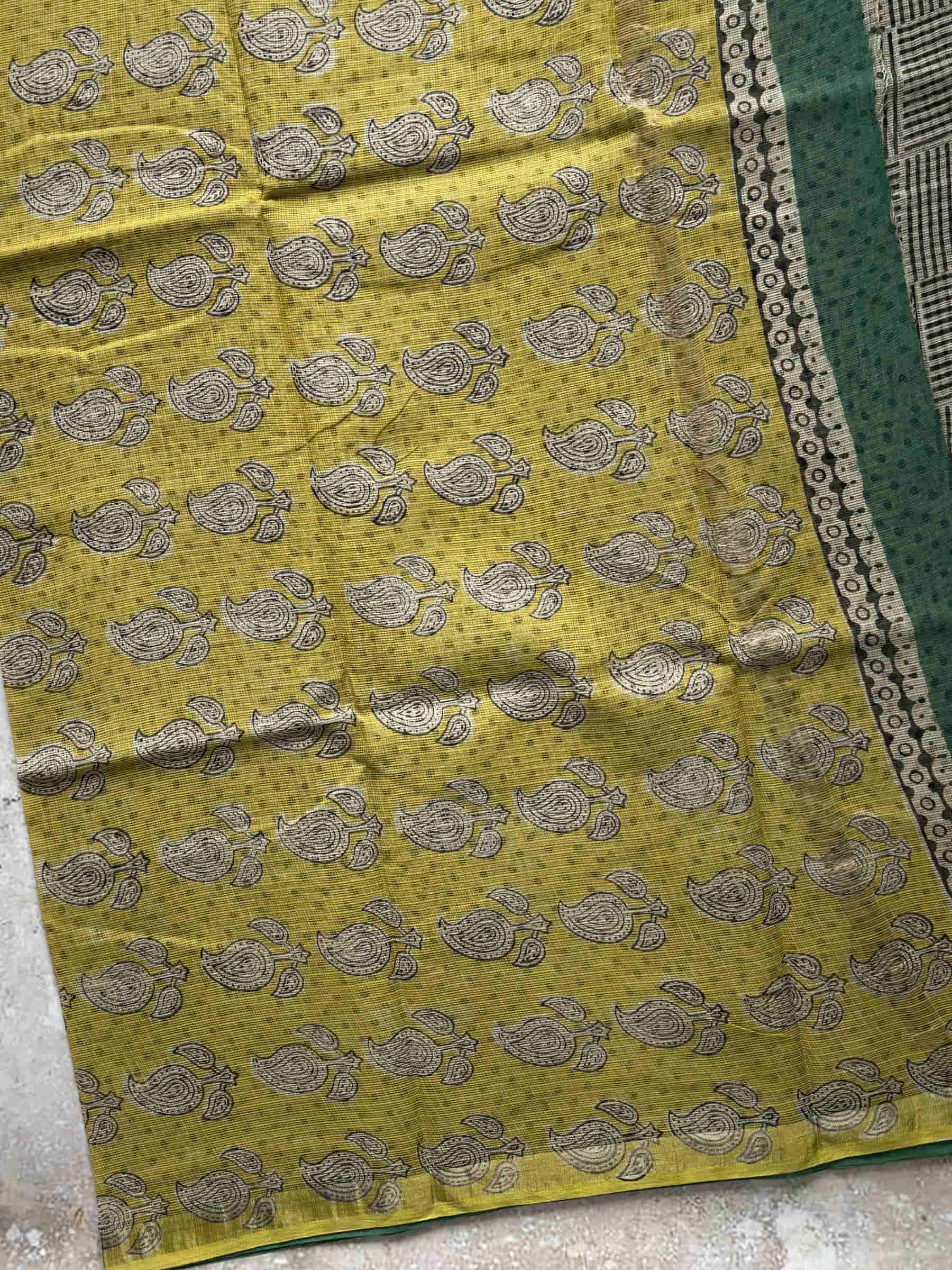 Kota Doria Hand Block Print Saree in Beige & Mustard
