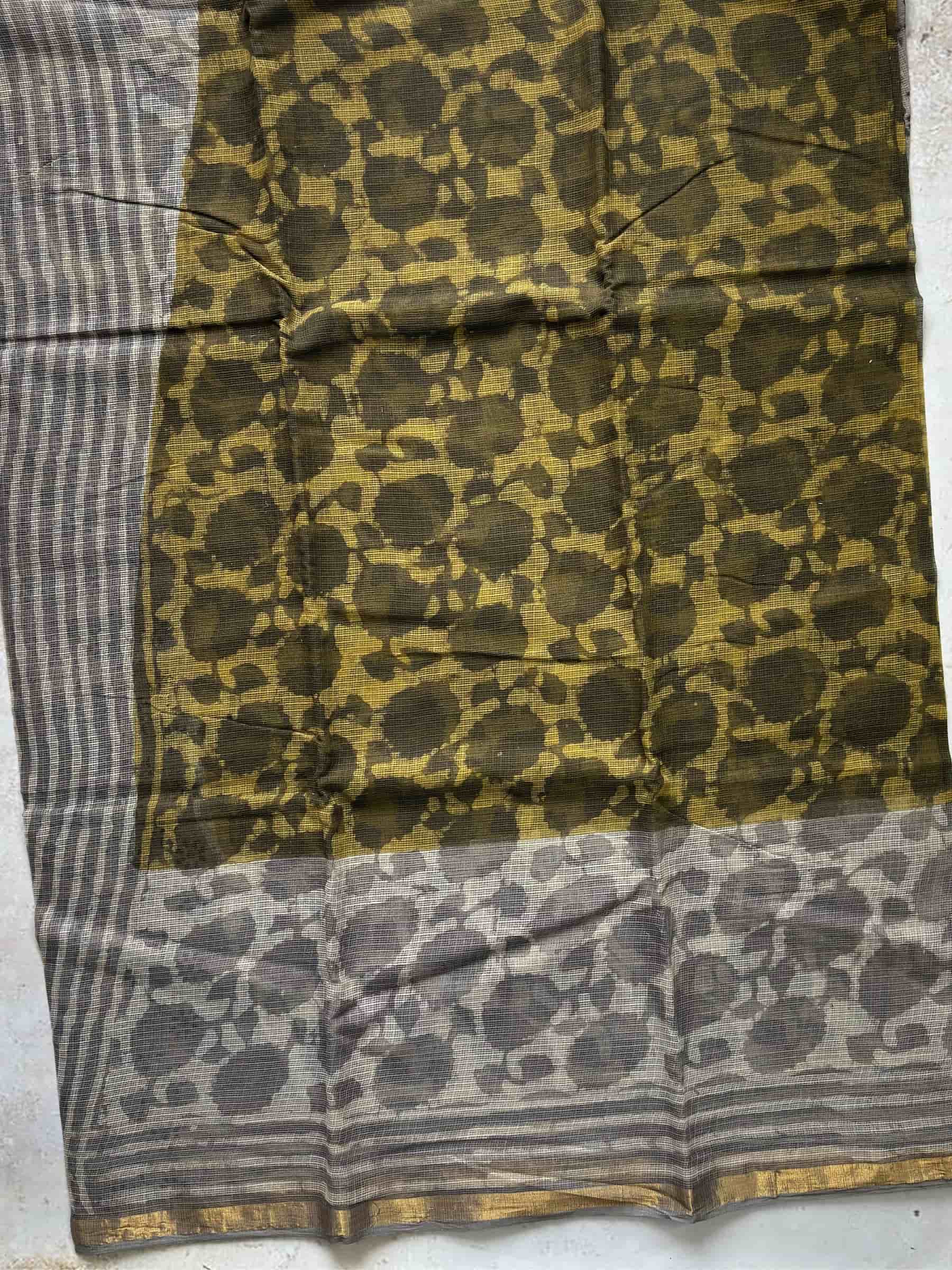 Hand Block Printed Kota Doria Saree in Mustard Olive