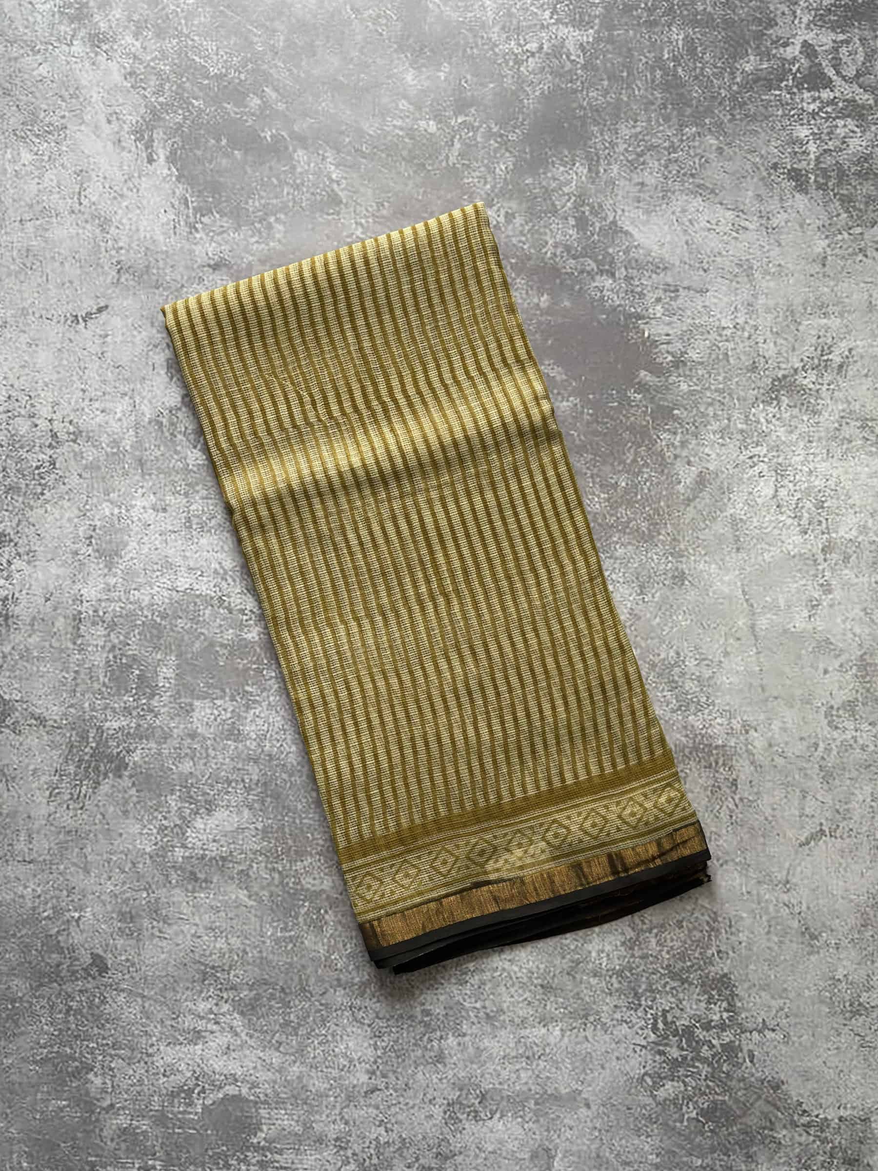 Mustard Kota Doria block printed saree with traditional pallu