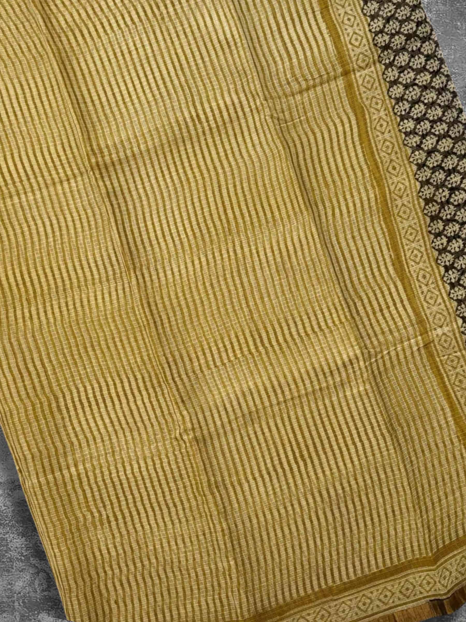 Hand Block Printed Kota Doria Saree in Mustard Stripes