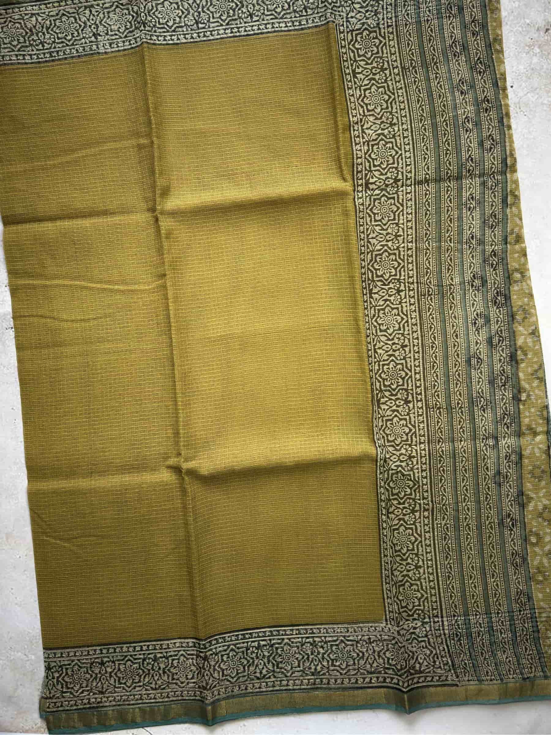Kota Doria Hand Block Print Saree in Mustard Yellow