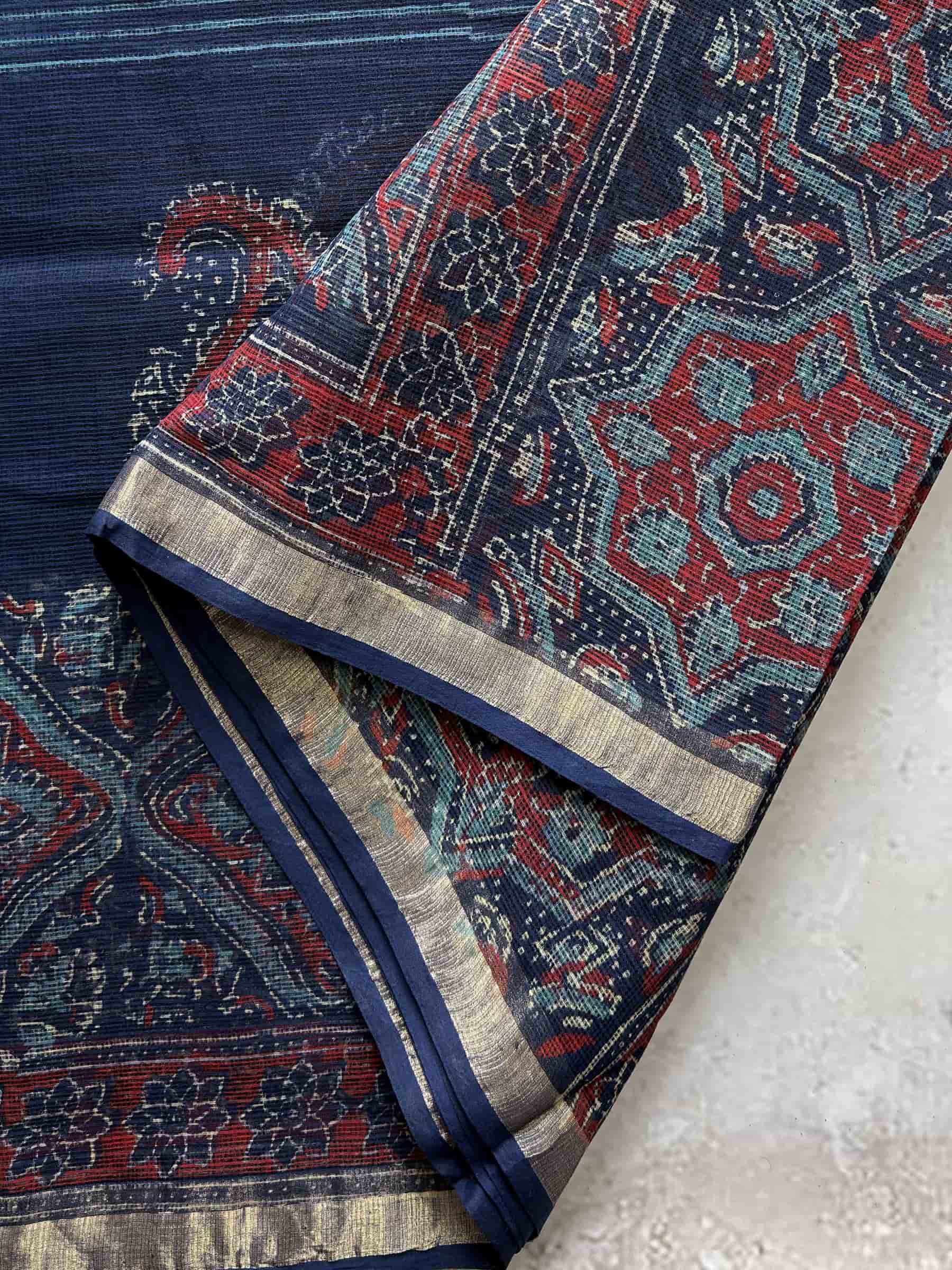 Kota Doria Hand Block Print Saree in Navy Blue