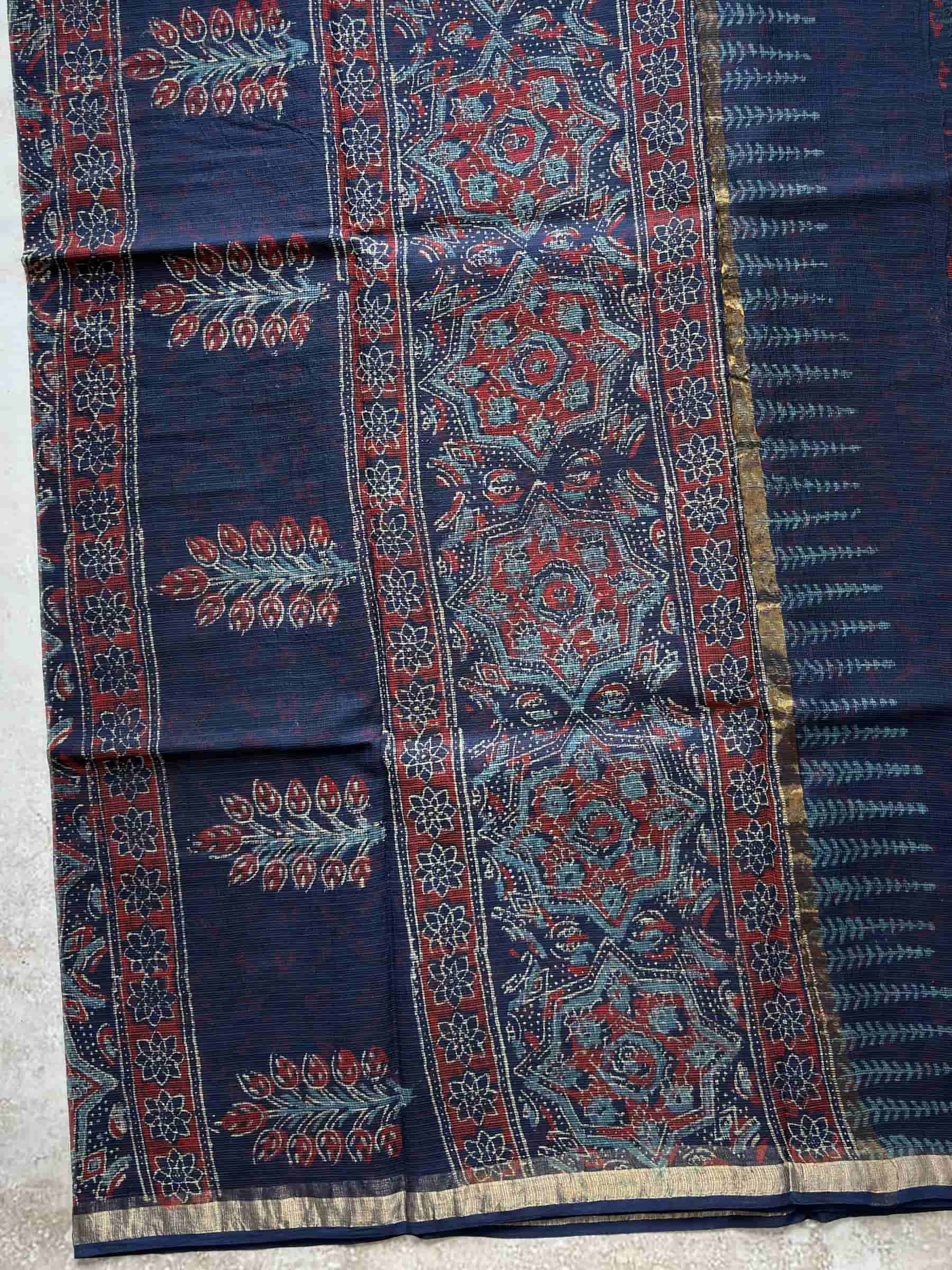 Kota Doria Hand Block Print Saree in Navy Blue