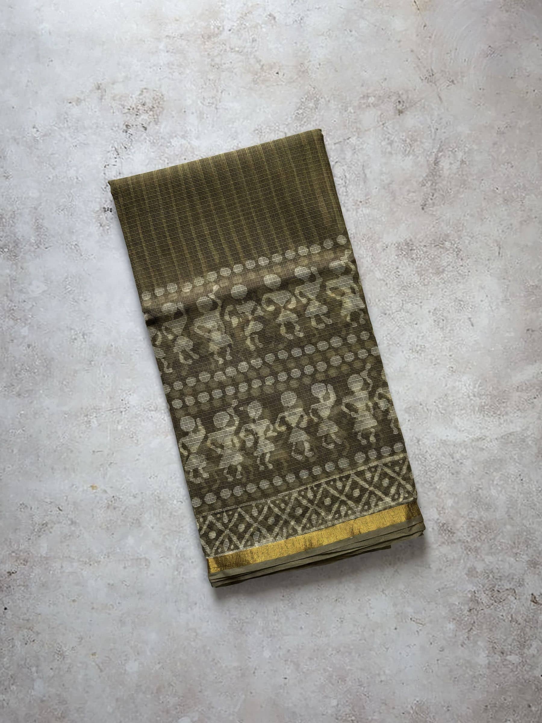 Olive green hand block printed Kota Doria saree with tribal motifs and geometric border