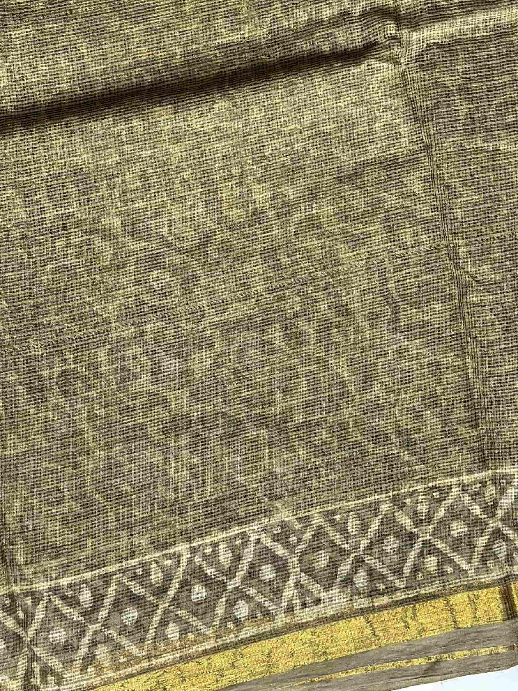 Kota Doria Hand Block Print Saree in Olive Green