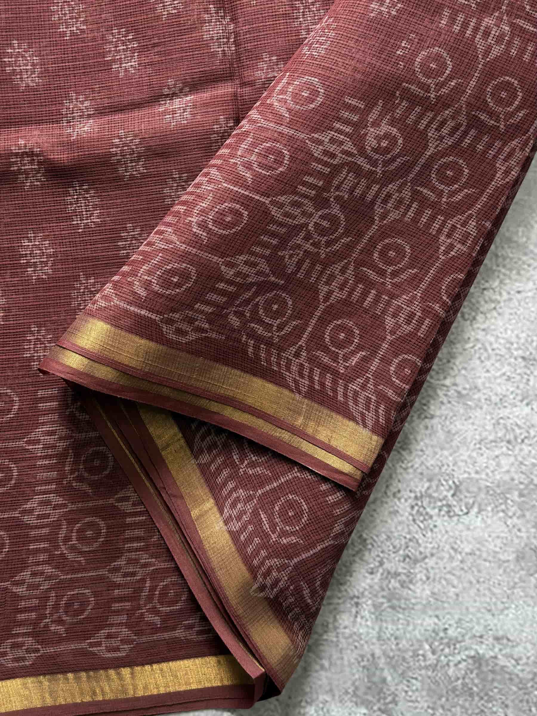 Hand Block Printed Kota Doria Saree in Rust Red