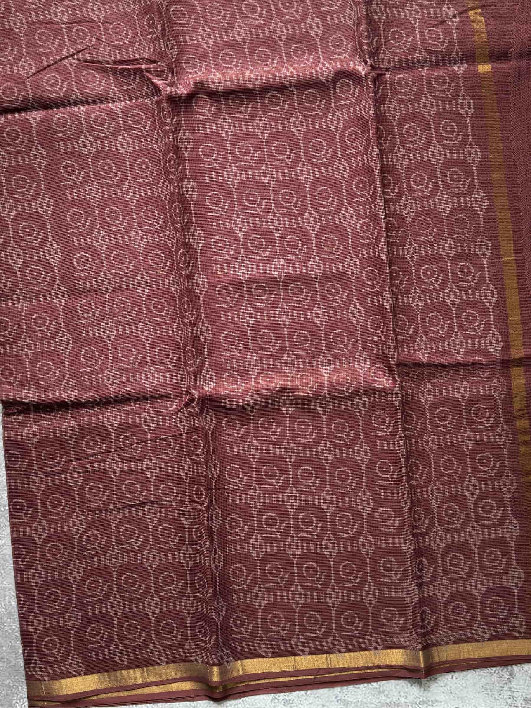 Hand Block Printed Kota Doria Saree in Rust Red