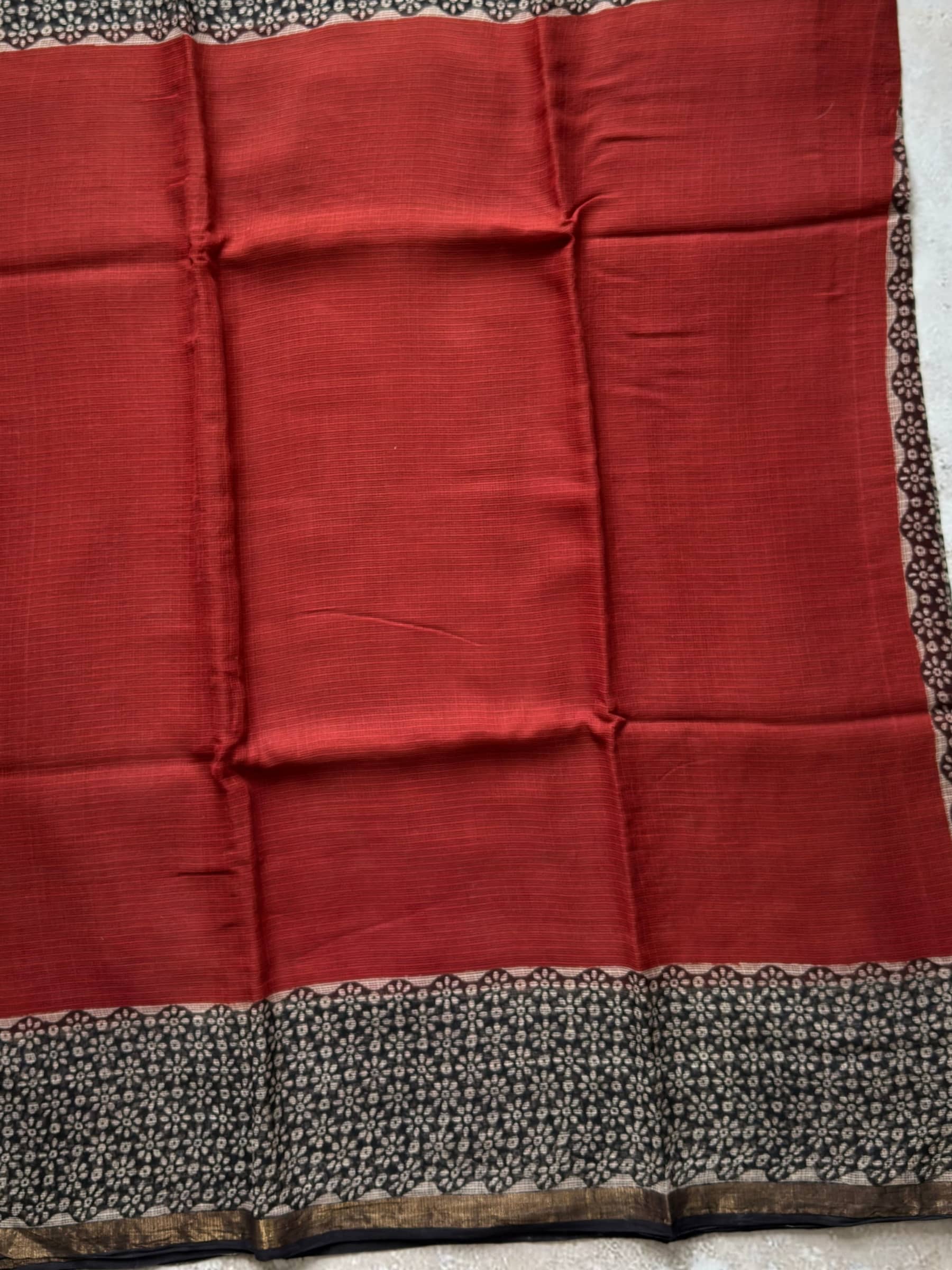 Hand Block Printed Kota Doria Saree in Rust Red