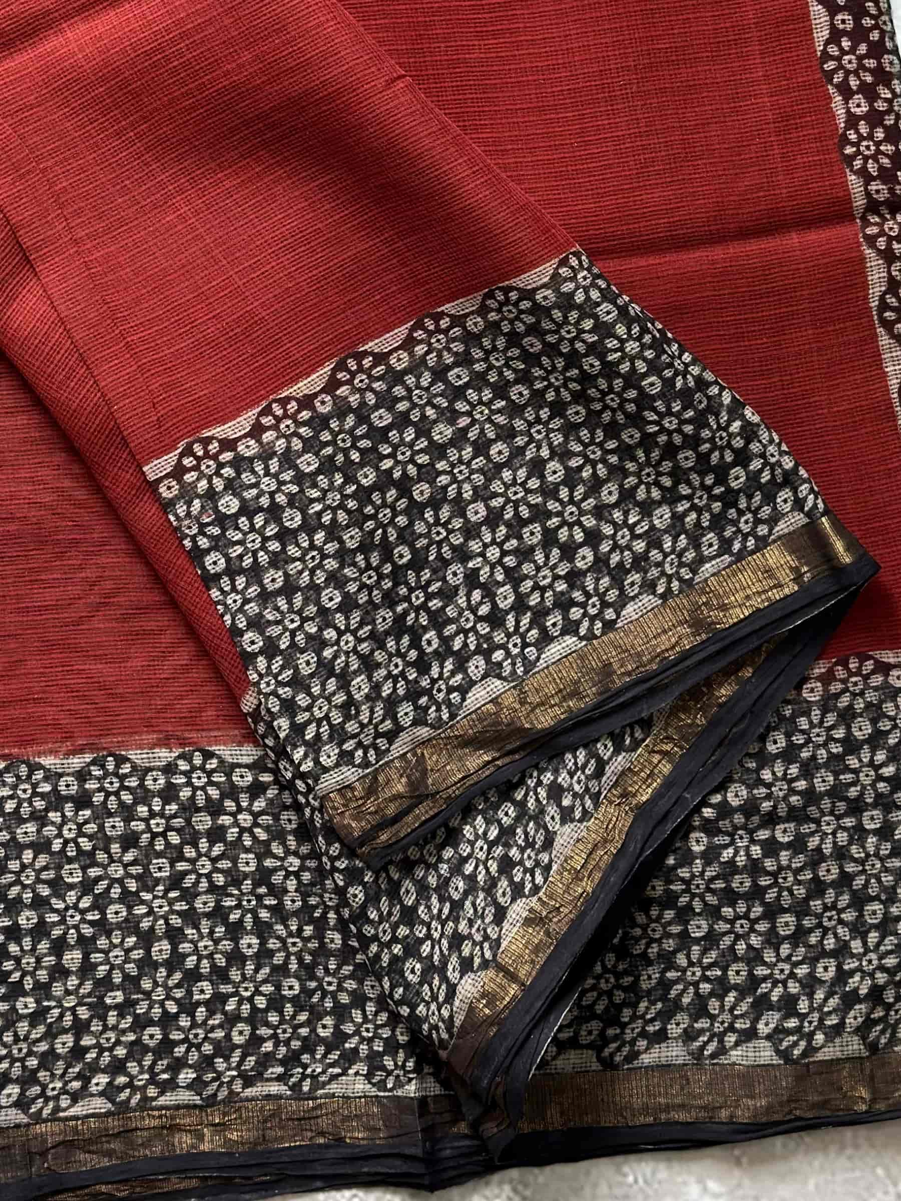 Hand Block Printed Kota Doria Saree in Rust Red