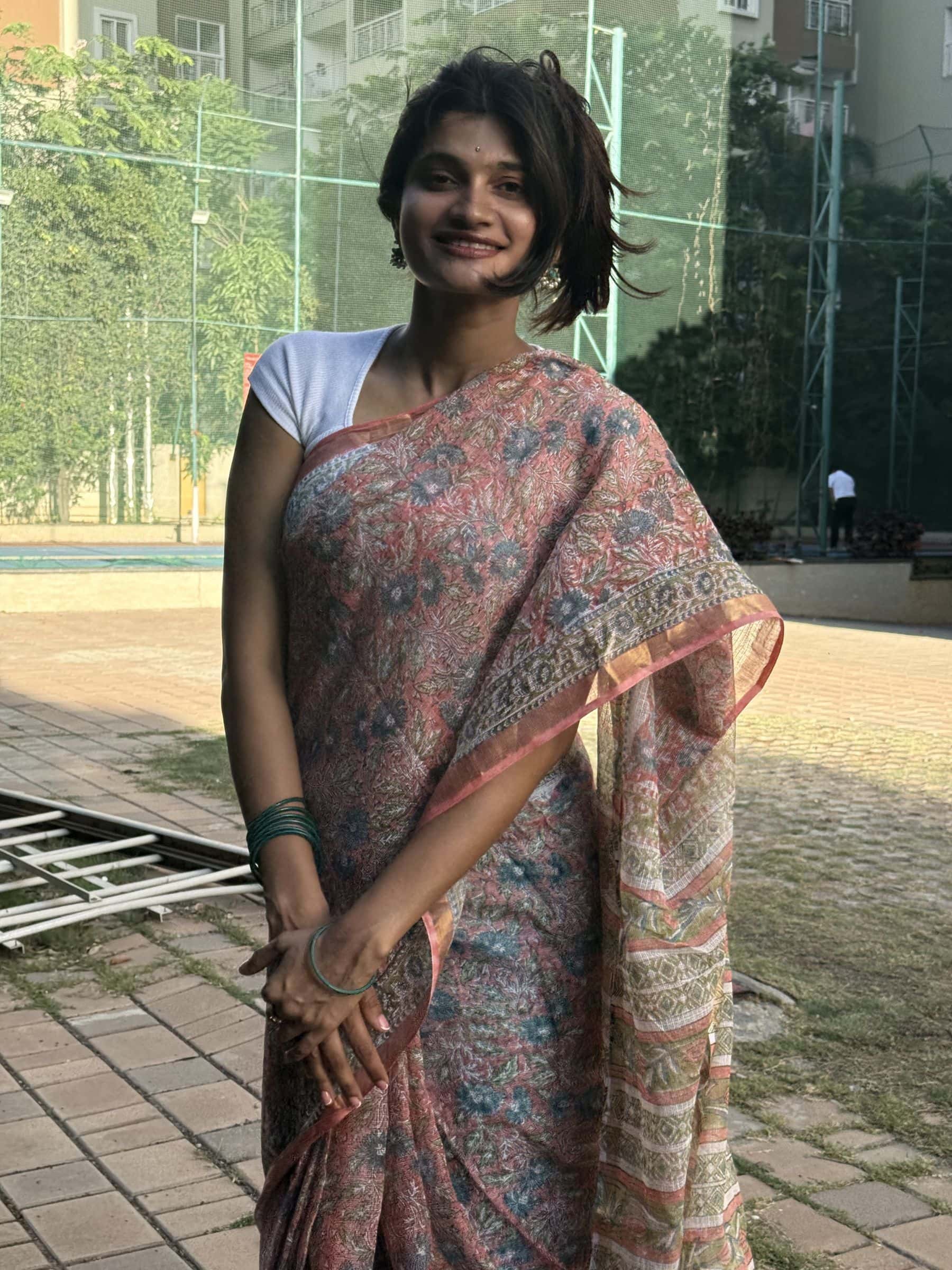 Hand Block Printed Sanganeri Kota Doria Saree in Coral Pink