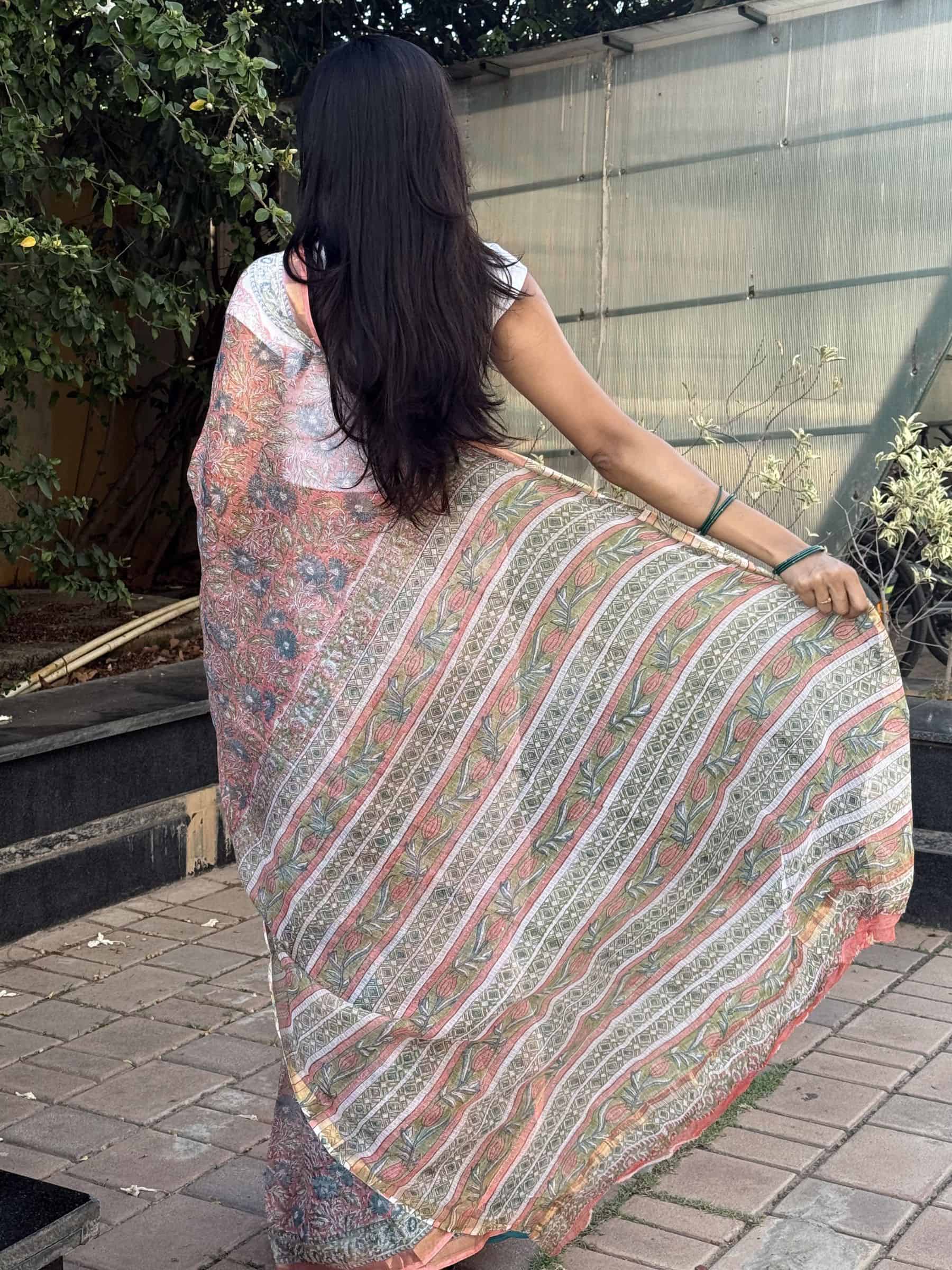 Hand Block Printed Sanganeri Kota Doria Saree in Coral Pink