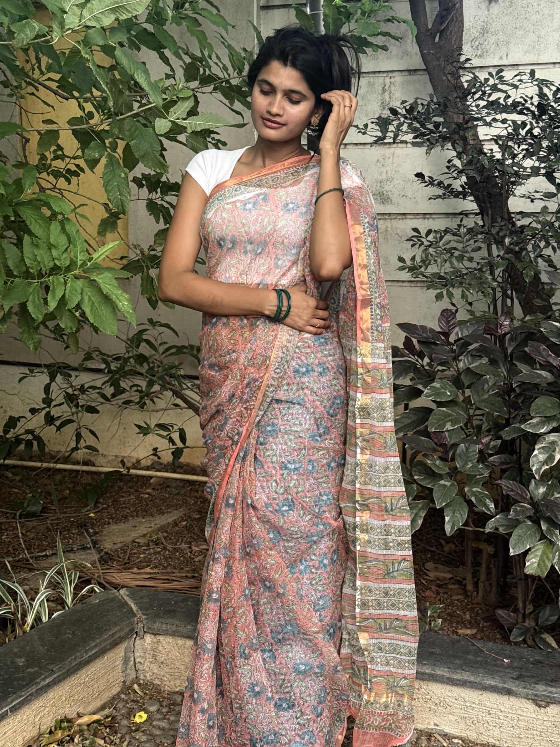 Hand Block Printed Sanganeri Kota Doria Saree in Coral Pink