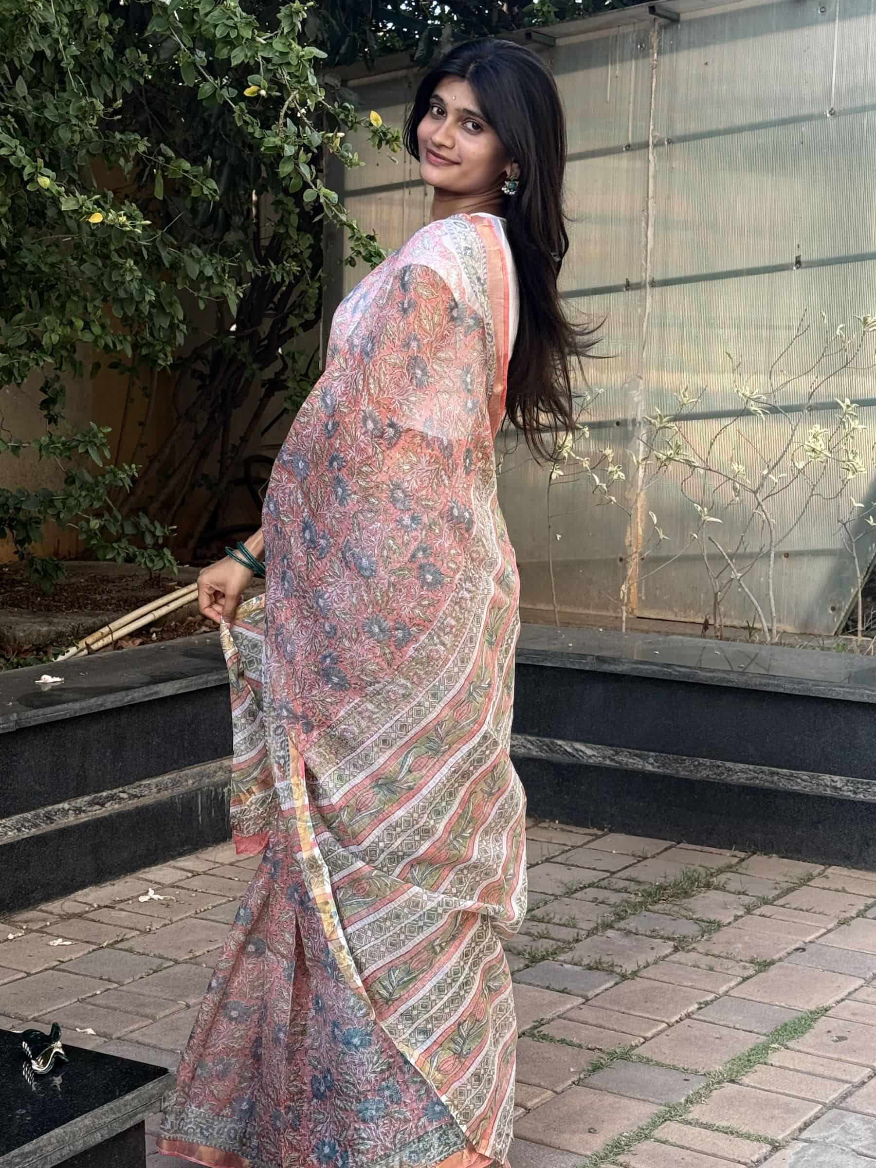 Hand Block Printed Sanganeri Kota Doria Saree in Coral Pink