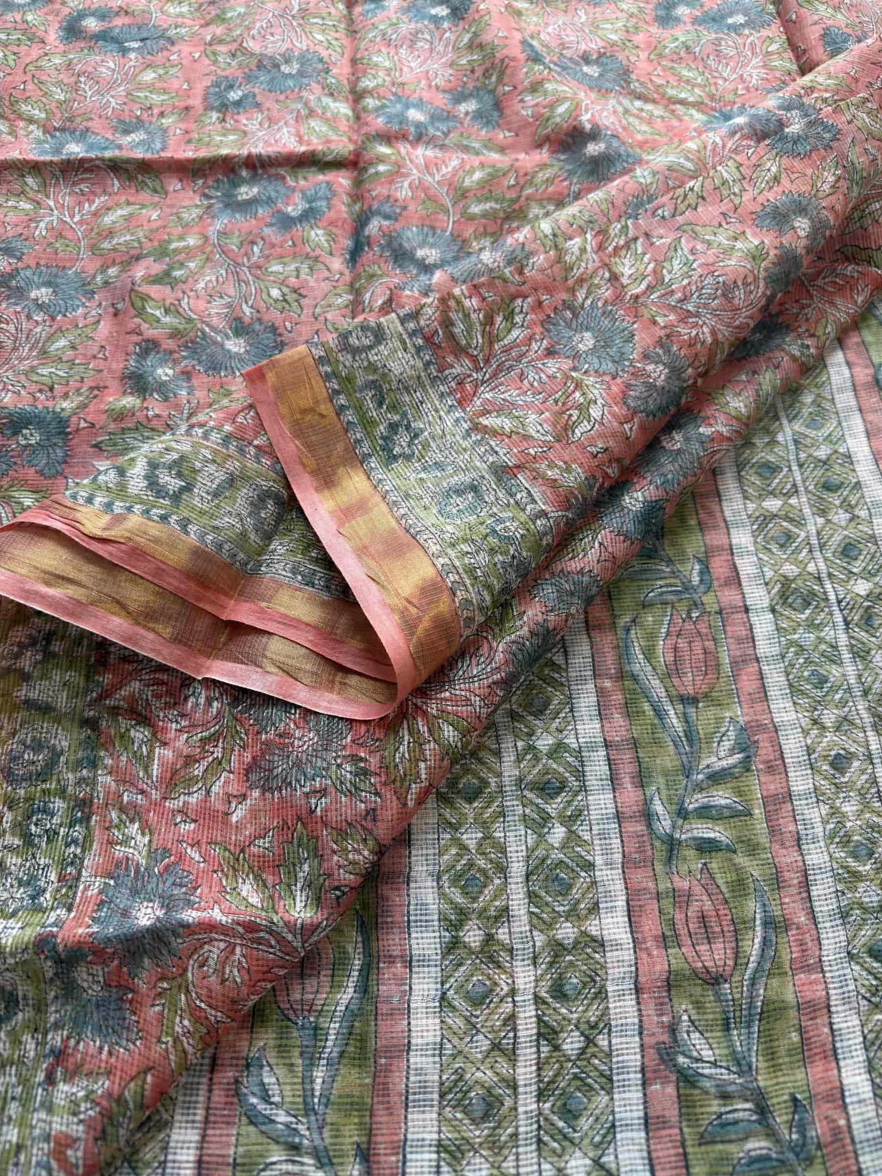 Hand Block Printed Sanganeri Kota Doria Saree in Coral Pink