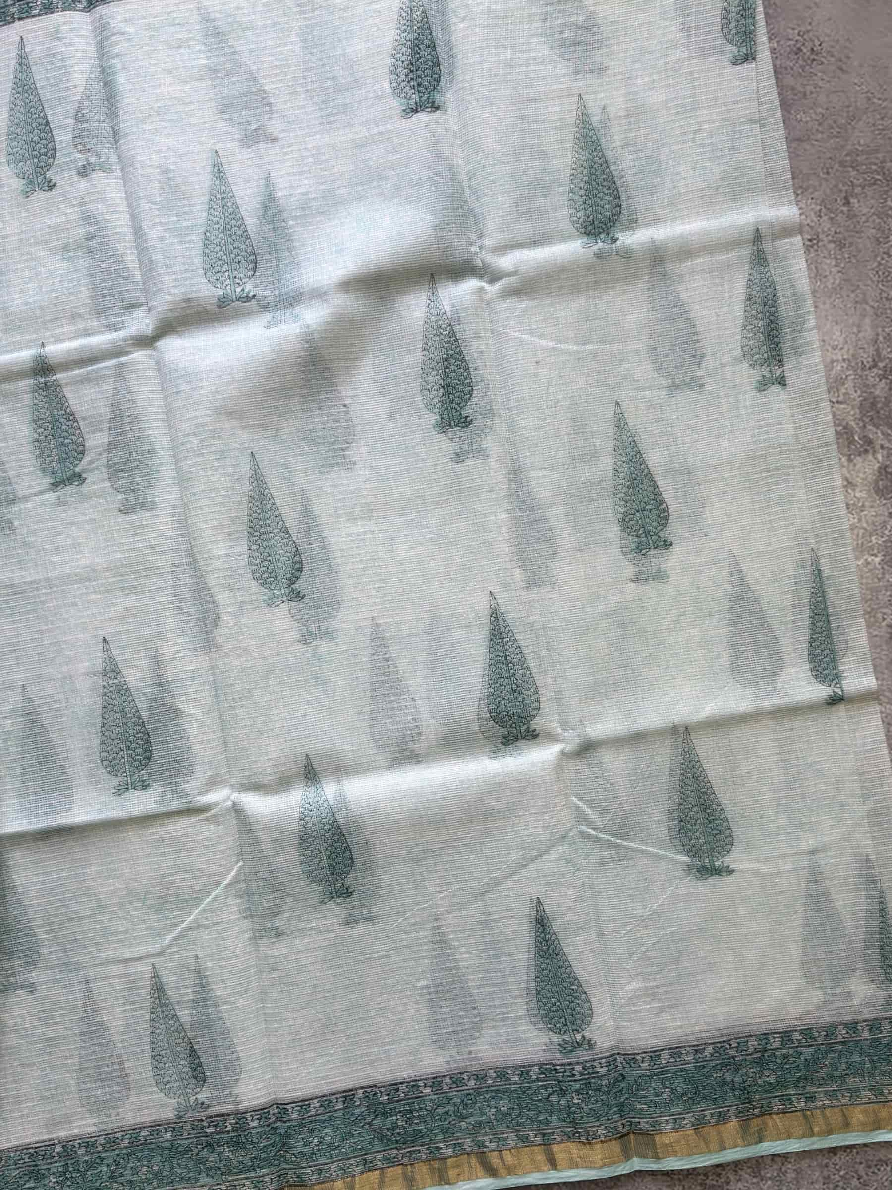 Hand Block Printed Kota Doria Saree in Soft Mint