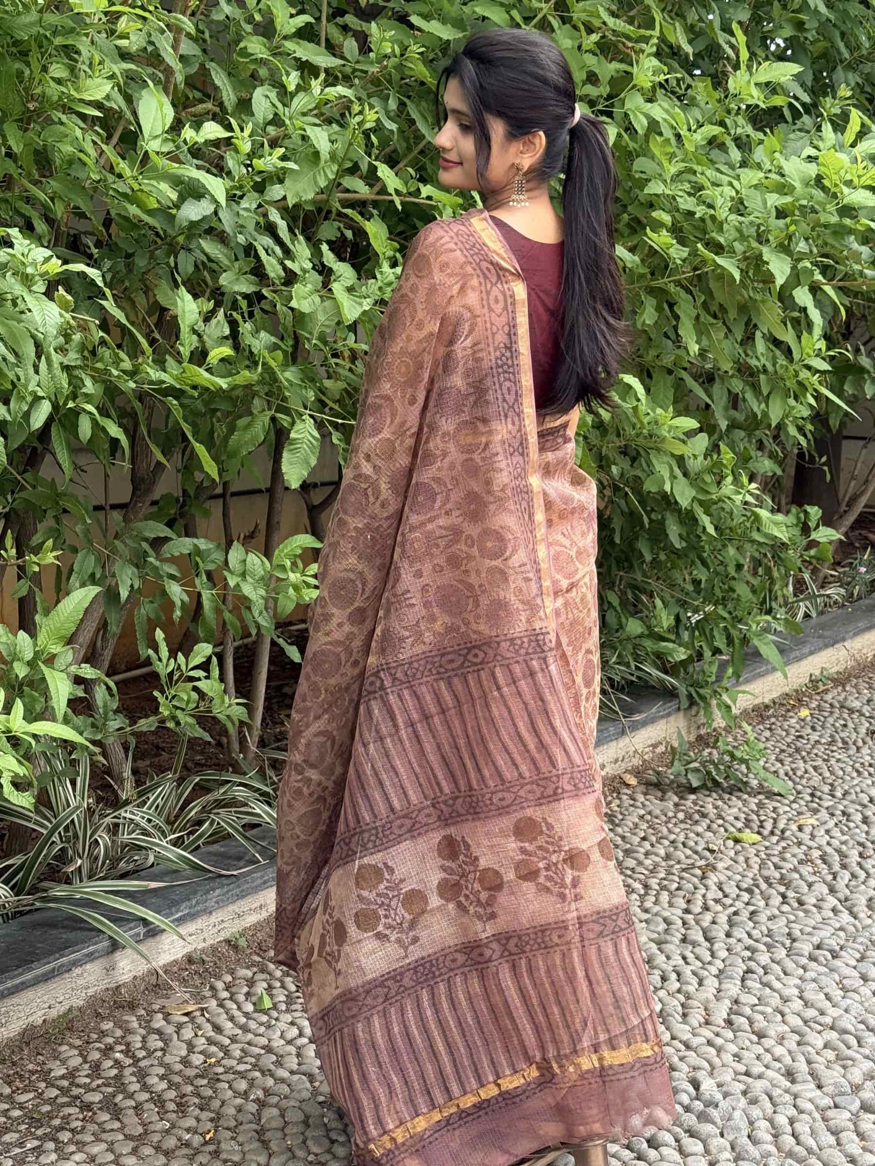 Hand Block Printed Vanaspati Kota Doria Saree in Dusty Mauve