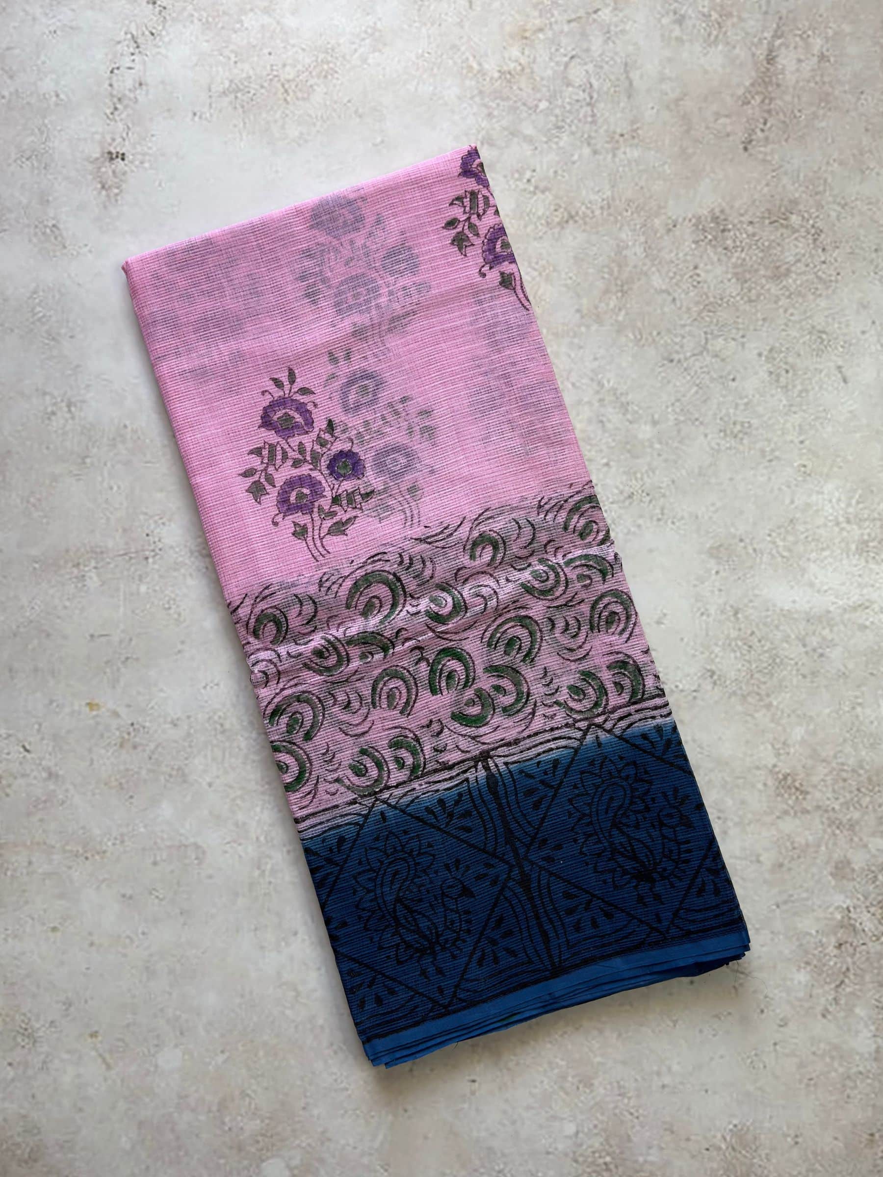 Lavender pink hand block printed Kota Doria saree