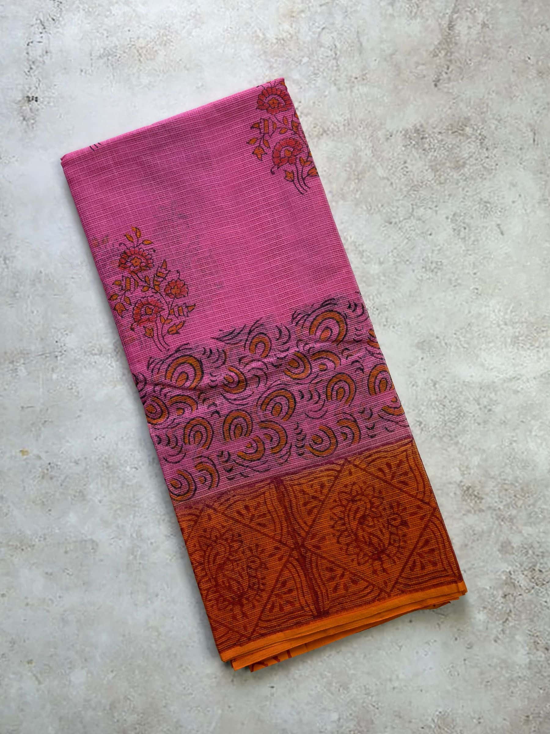 Hand Block Printed Kota Doria Saree in Pink