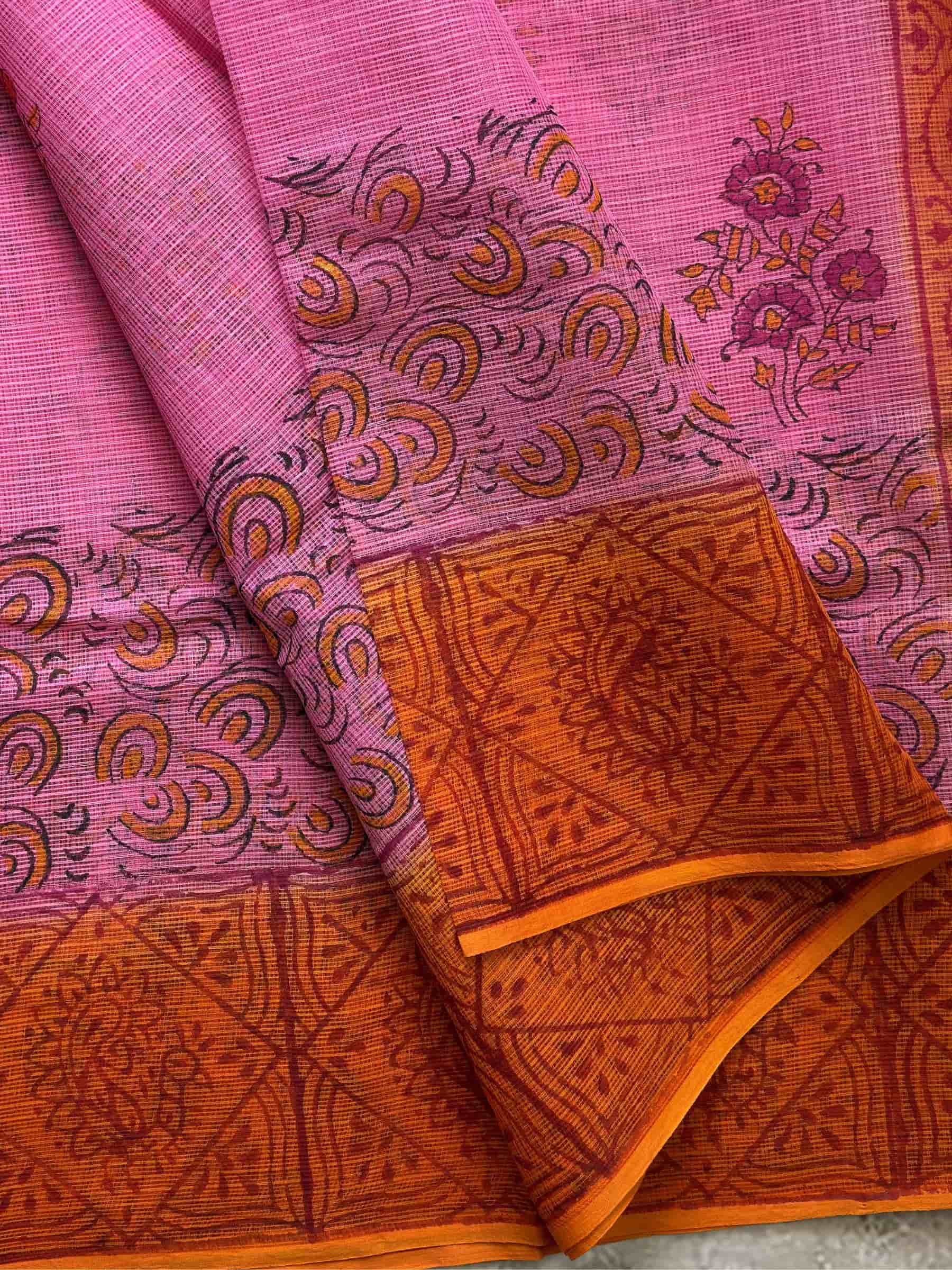 Hand Block Printed Kota Doria Saree in Pink