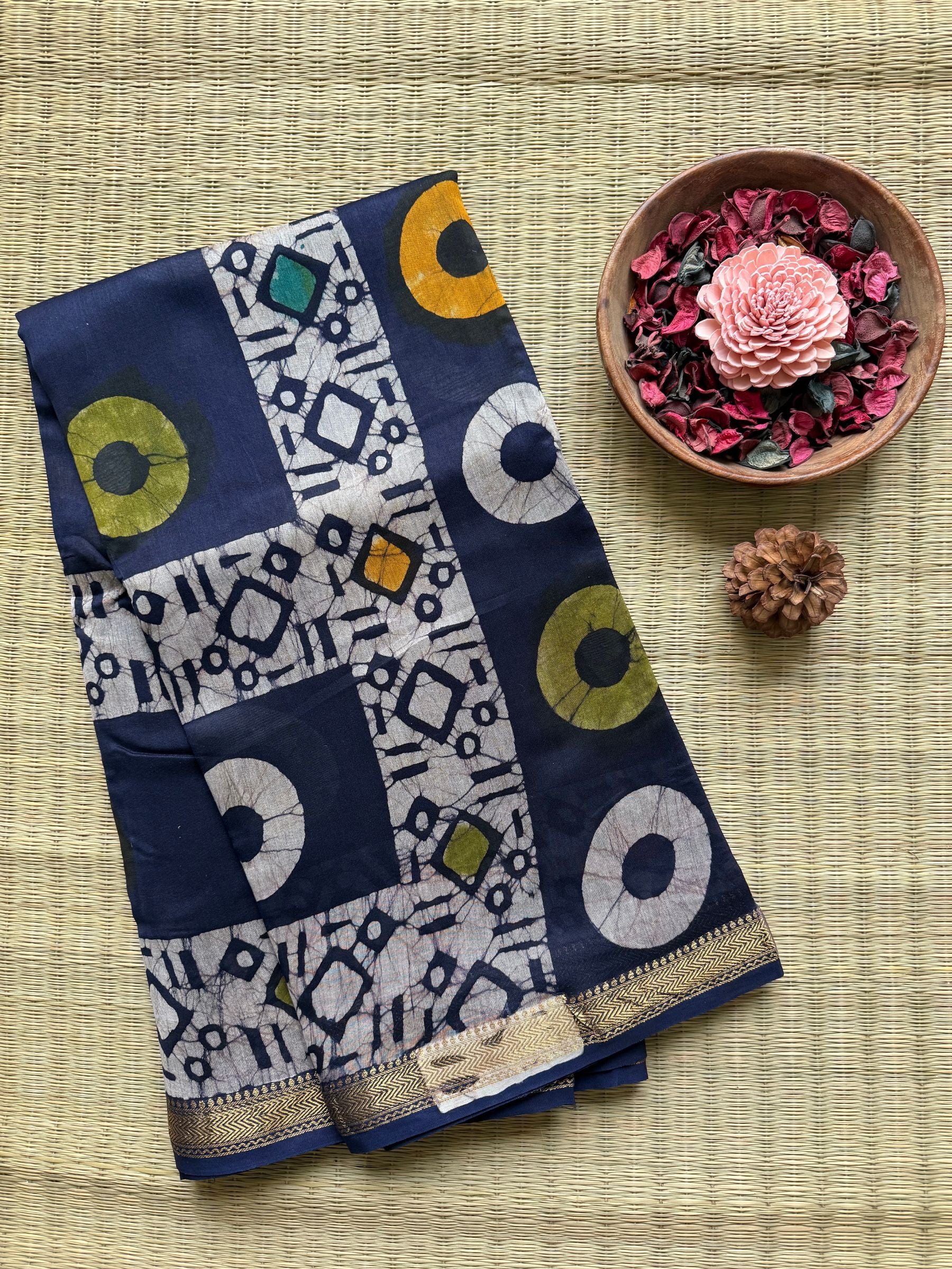 Maheshwari Block Print Silk Cotton Saree in Dark Blue