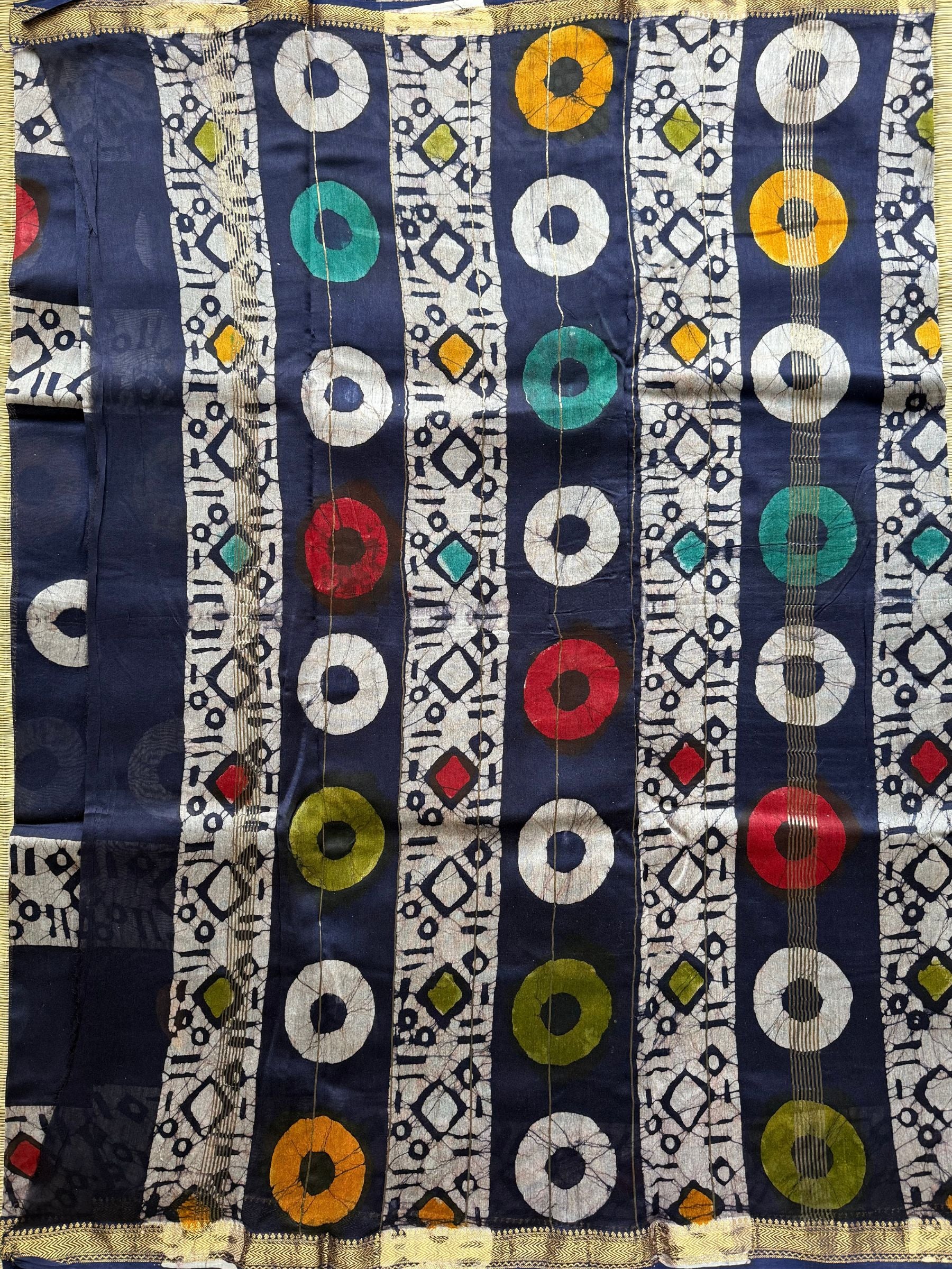 Maheshwari Block Print Silk Cotton Saree in Dark Blue