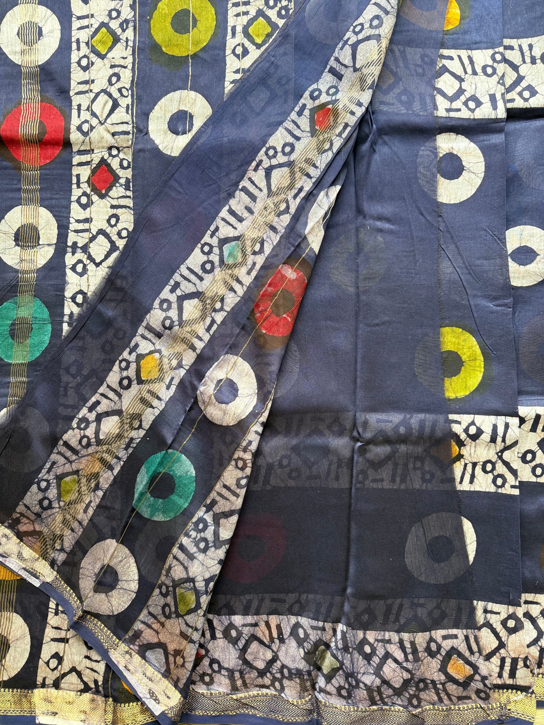 Maheshwari Block Print Silk Cotton Saree in Dark Blue