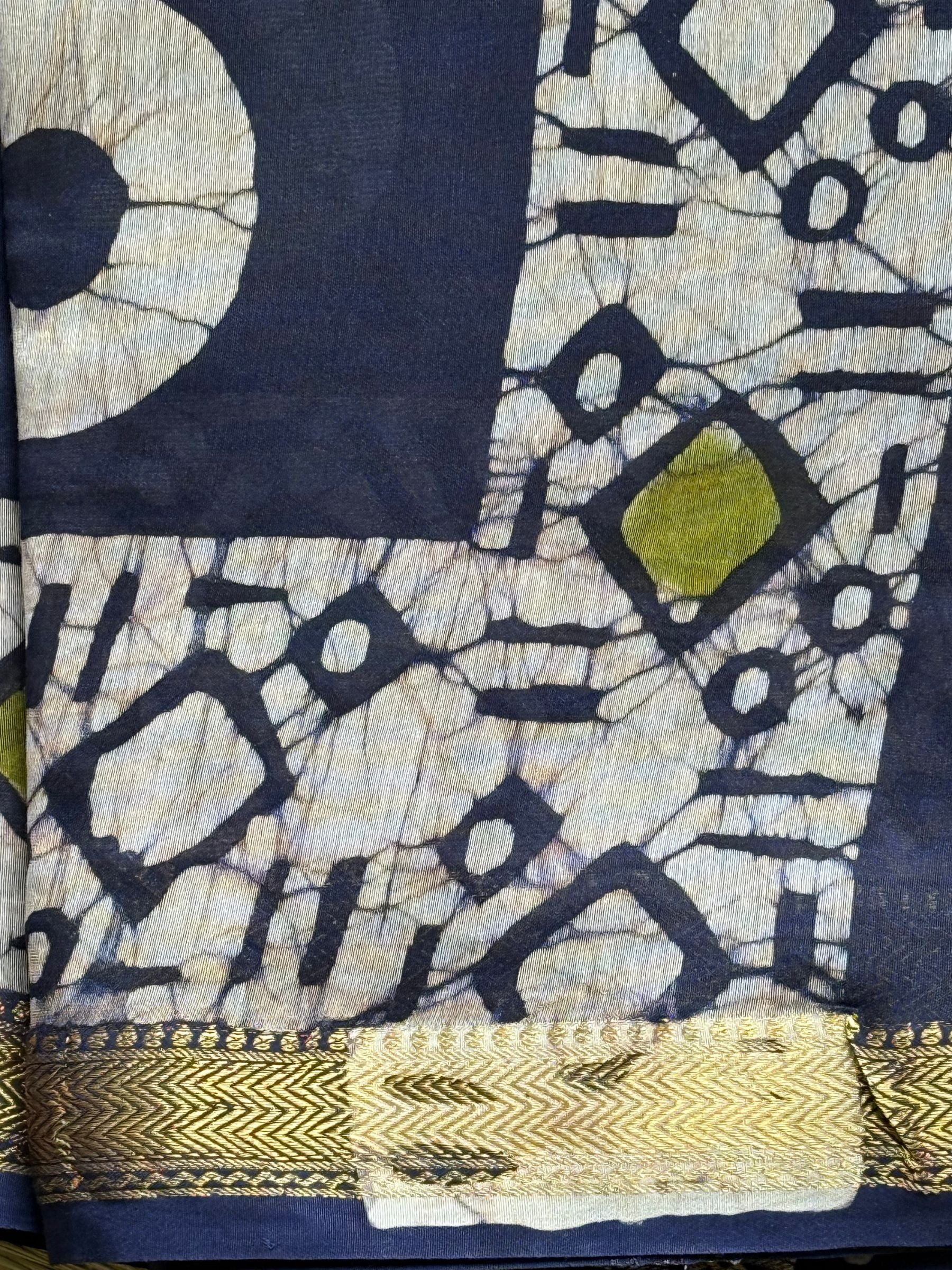 Maheshwari Block Print Silk Cotton Saree in Dark Blue