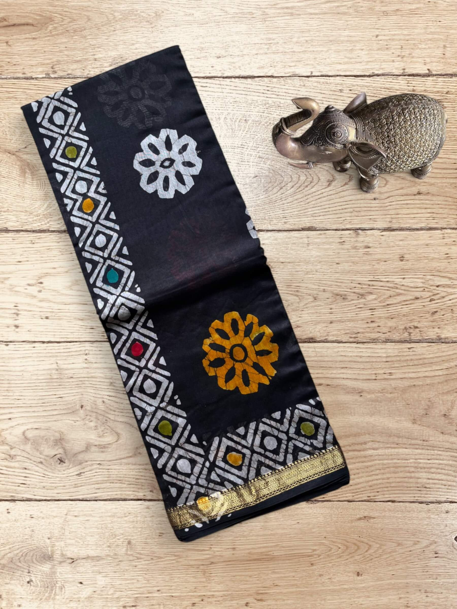 Maheshwari Block Print Silk Cotton Saree in Black
