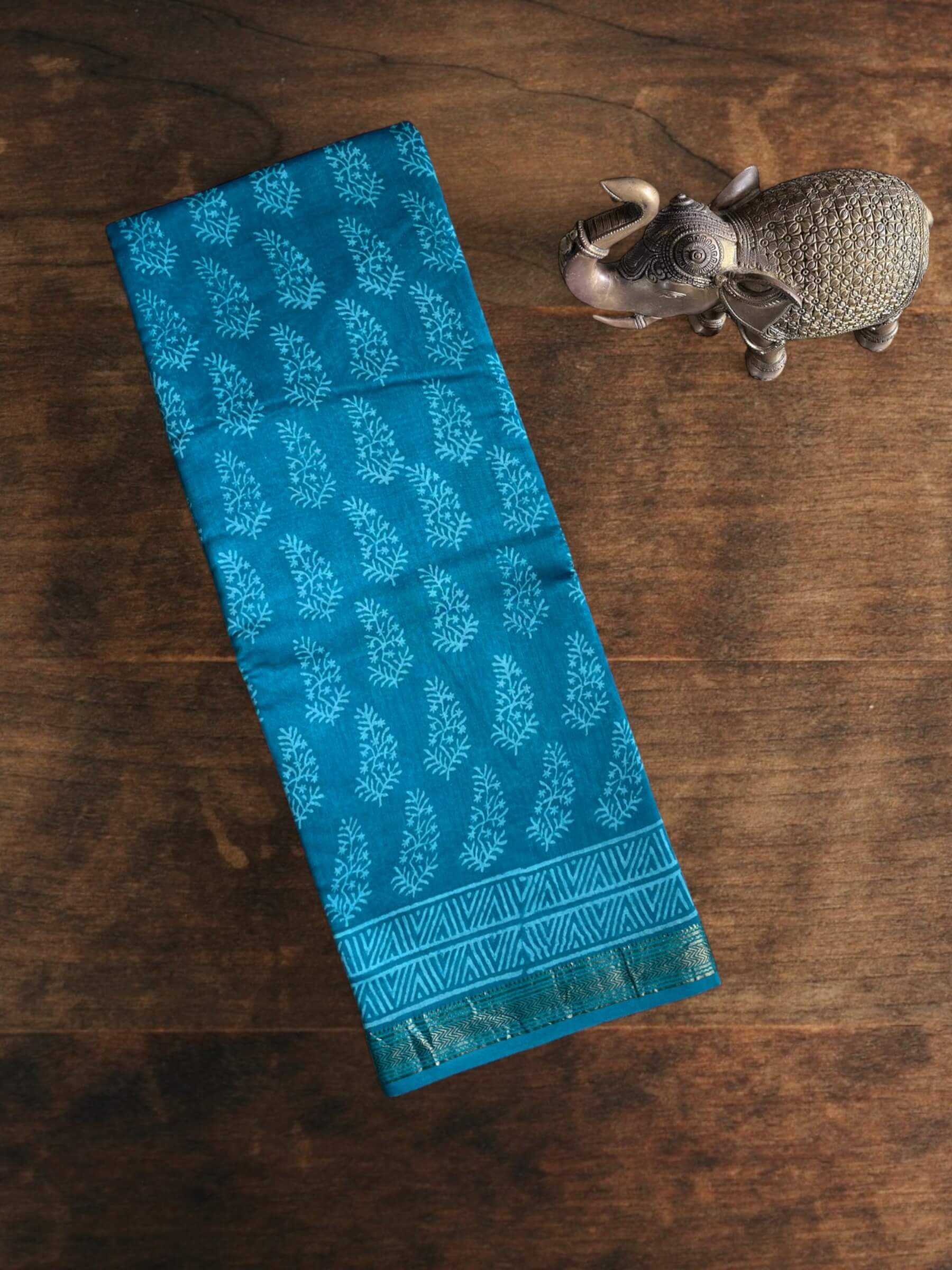 Maheshwari Block Print Silk Cotton Saree in Blue