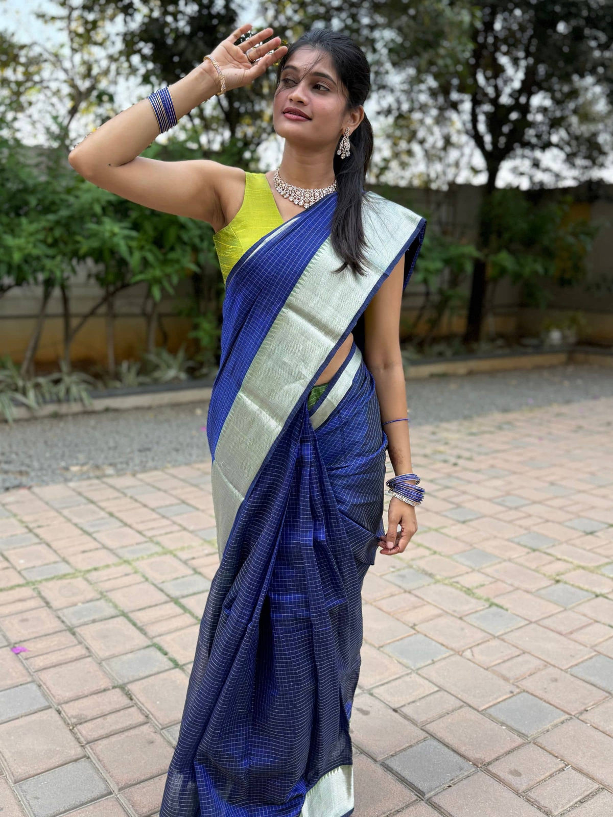 Handloom Mangalagiri Silk Cotton Saree in Blue and Green with Tissue Checked Weave