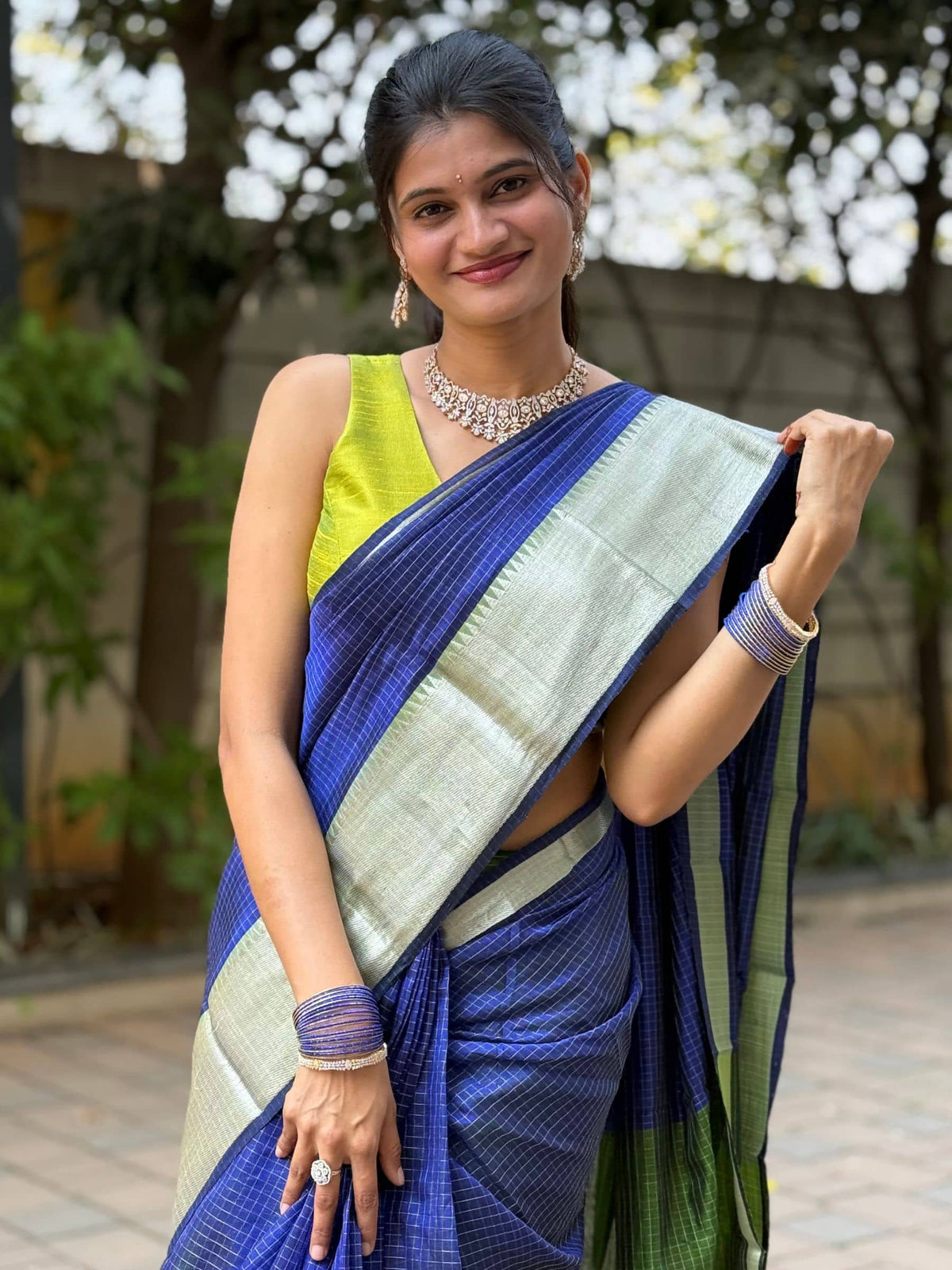 Handloom Mangalagiri Silk Cotton Saree in Blue and Green with Tissue Checked Weave