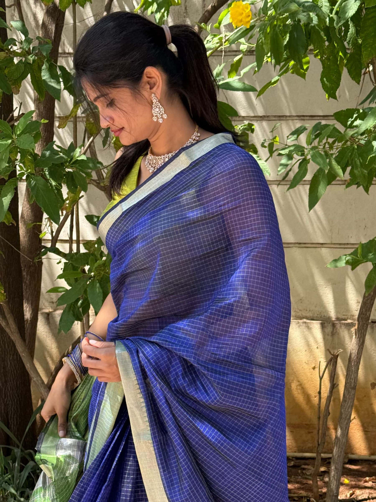 Handloom Mangalagiri Silk Cotton Saree in Blue and Green with Tissue Checked Weave