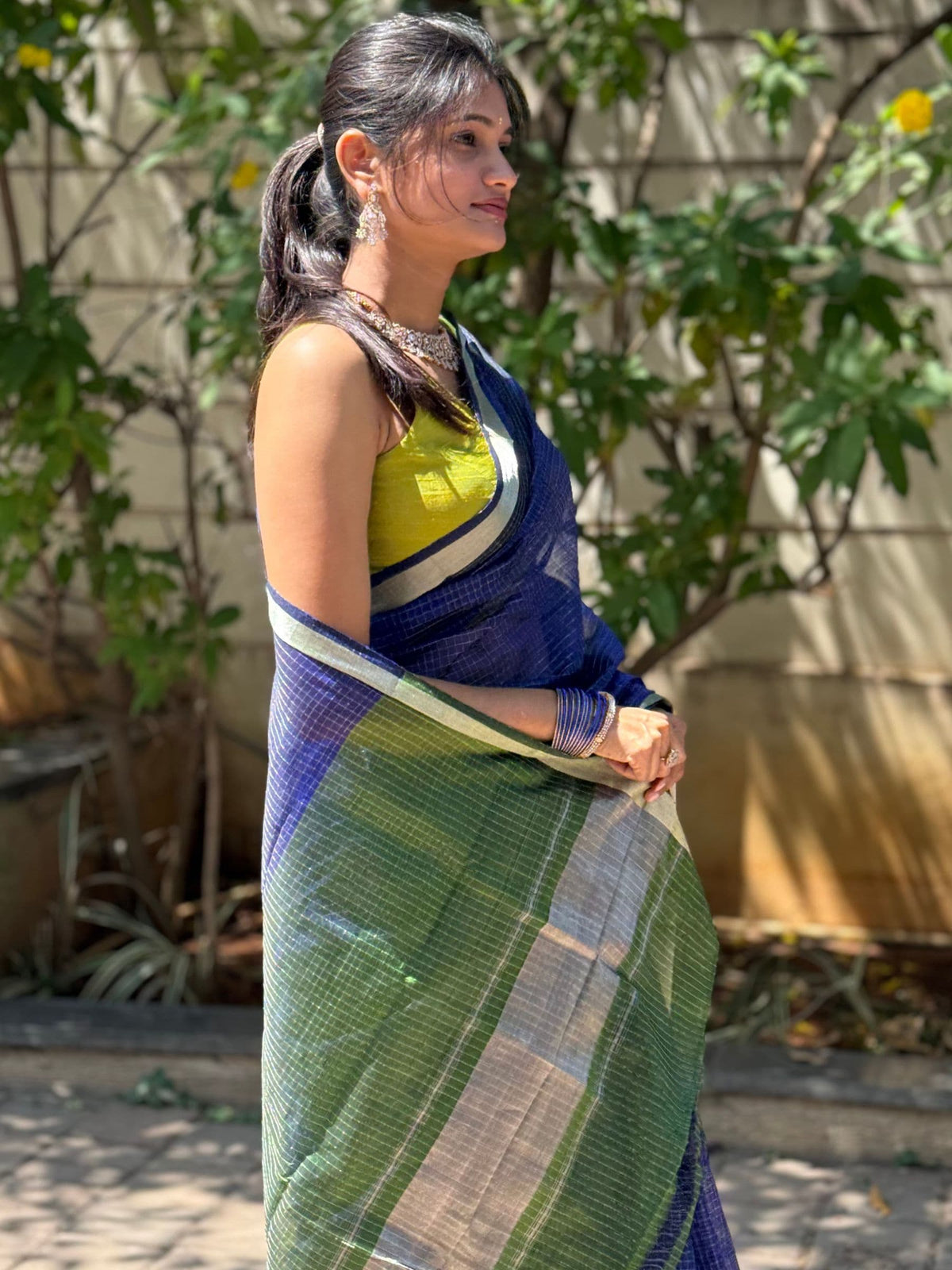 Handloom Mangalagiri Silk Cotton Saree in Blue and Green with Tissue Checked Weave
