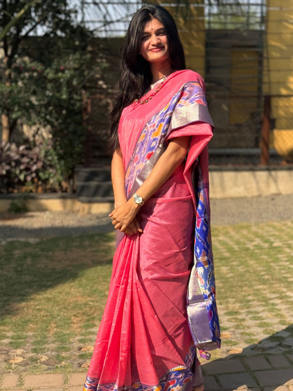 Handloom Mangalagiri Silk Cotton Saree in Pink and Purple with Ikat Border