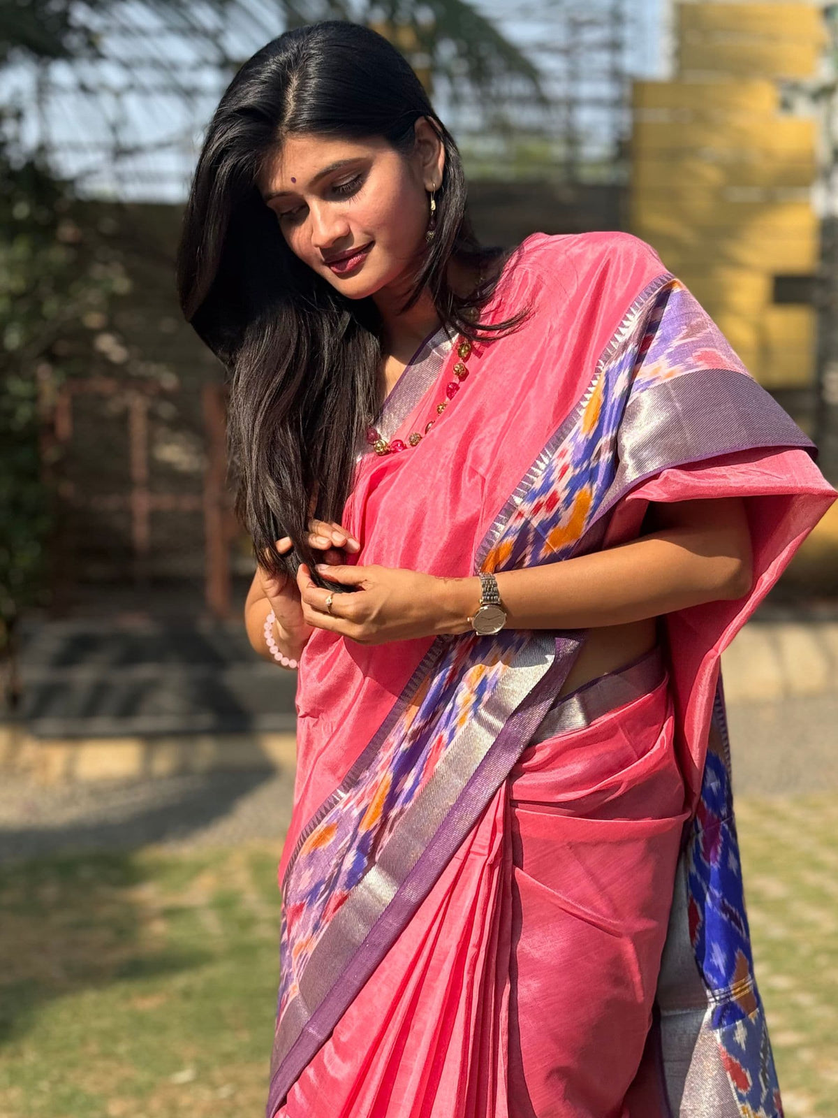 Handloom Mangalagiri Silk Cotton Saree in Pink and Purple with Ikat Border