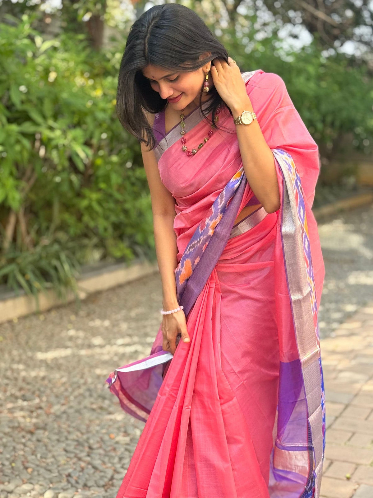 Handloom Mangalagiri Silk Cotton Saree in Pink and Purple with Ikat Border