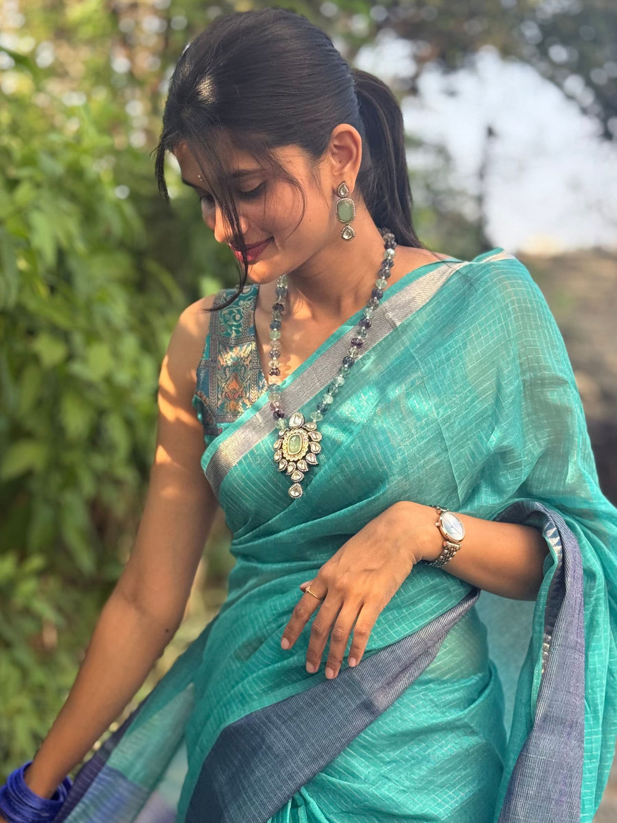 Handloom Mangalagiri Silk Cotton Saree in Teal and Blue with Tissue Checked Weave