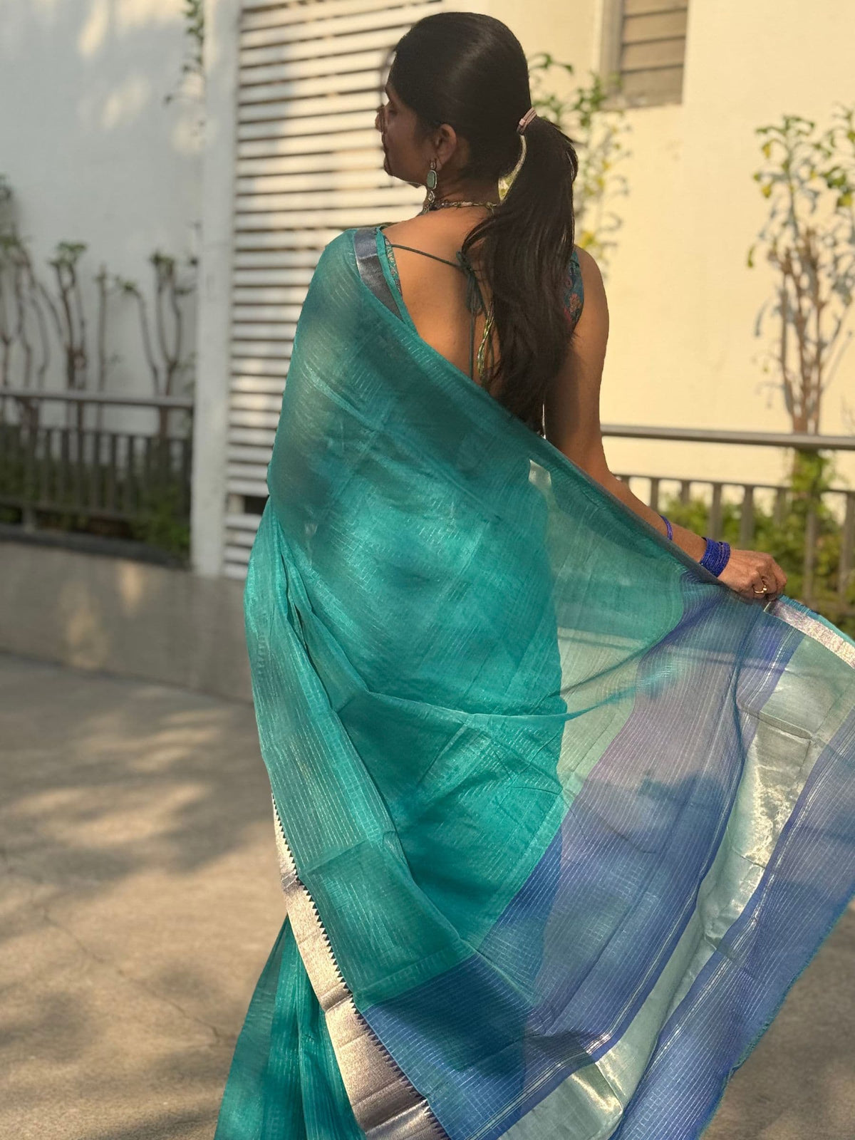 Handloom Mangalagiri Silk Cotton Saree in Teal and Blue with Tissue Checked Weave