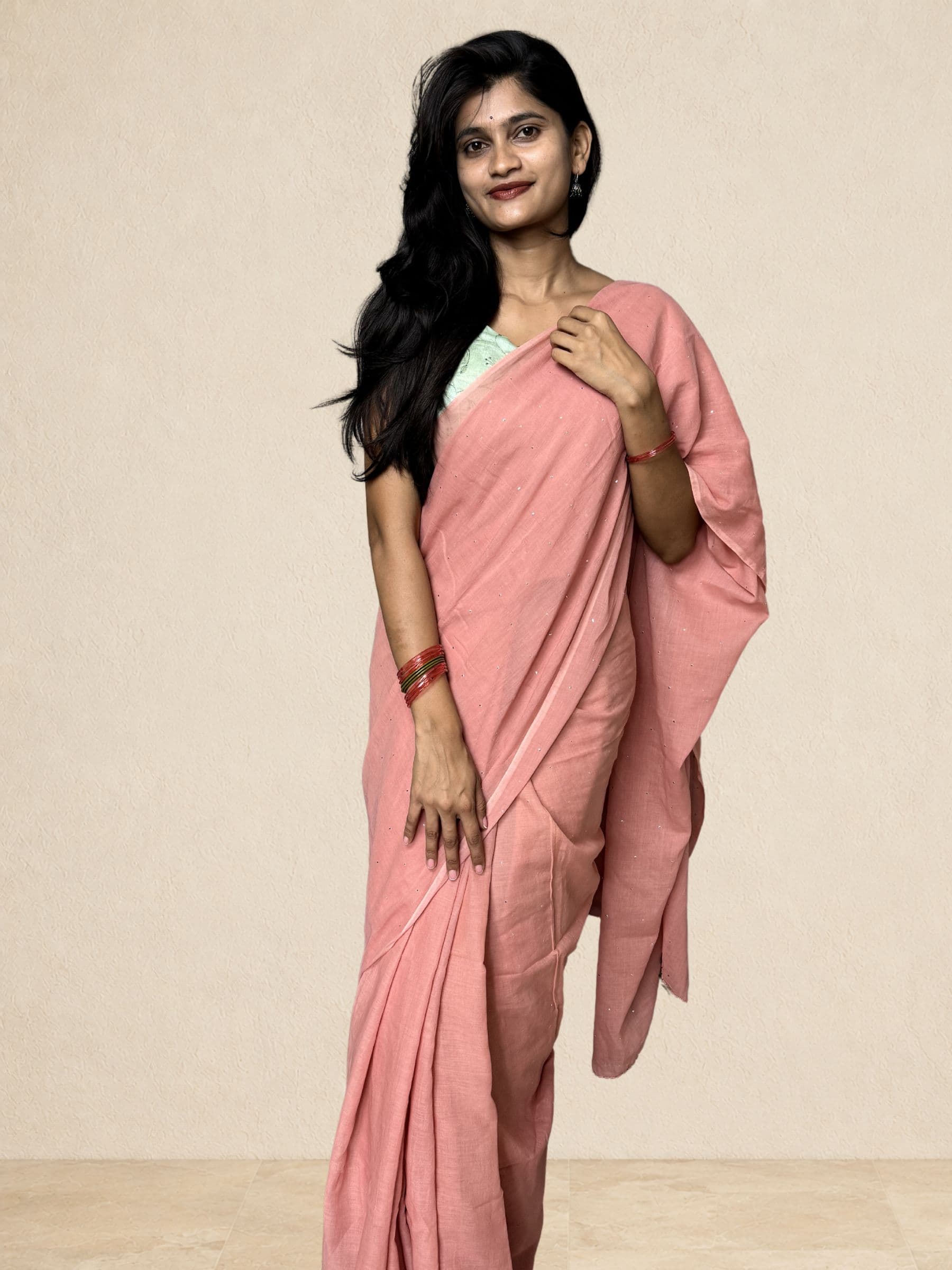 Mukaish Mul Cotton Saree with Crochet Work in Peach