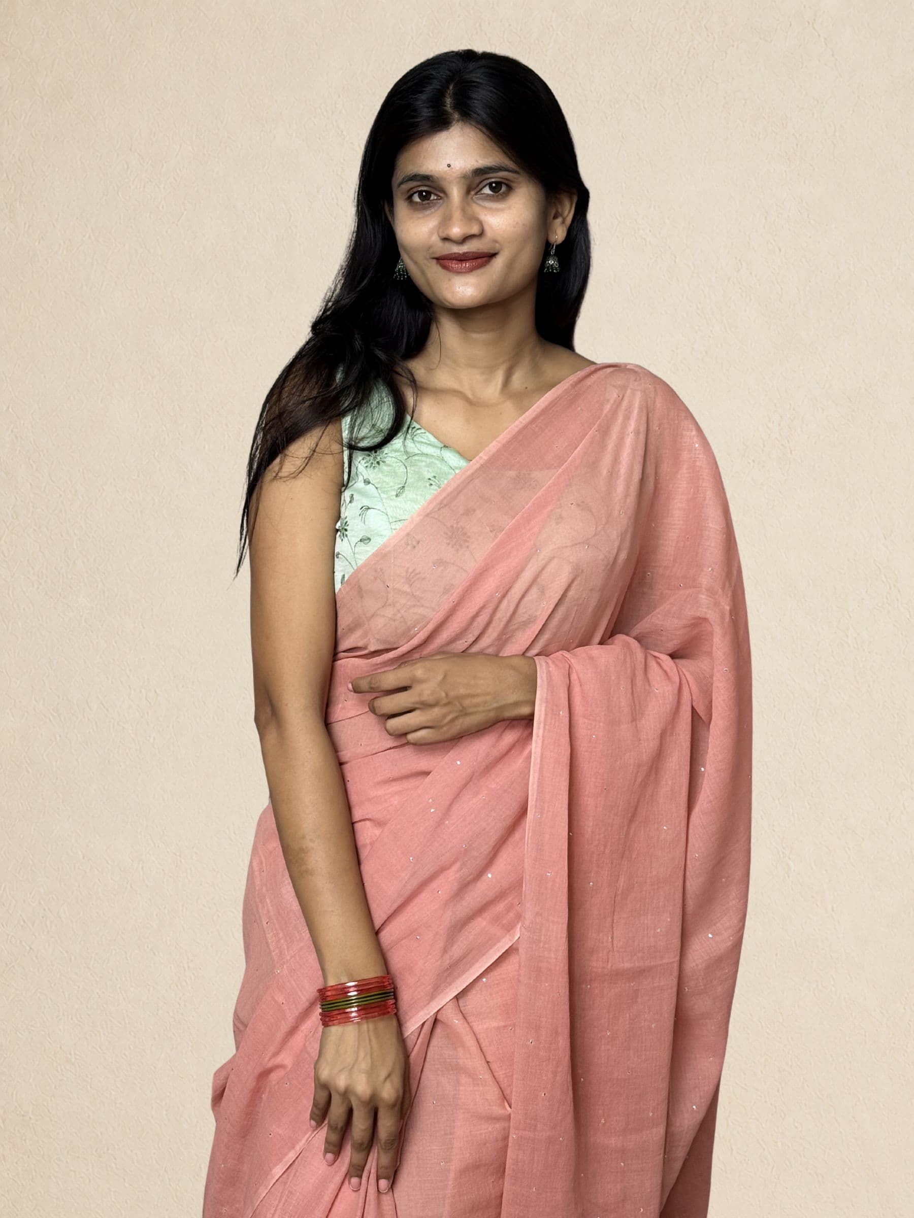 Mukaish Mul Cotton Saree with Crochet Work in Peach