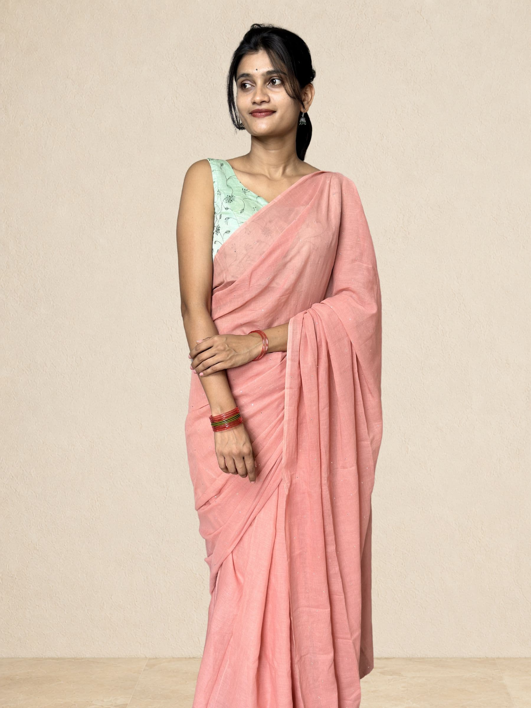 Mukaish Mul Cotton Saree with Crochet Work in Peach